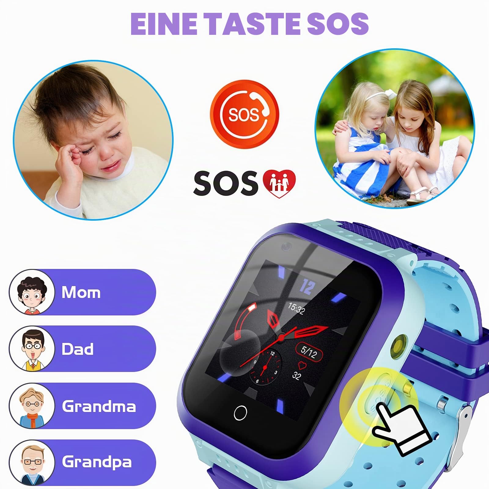 Kinder-Smartwatch,Kinderuhr GPS Anruf,Wecker,Match-Spiel,SOS Kamera-Touchscreen kindersmartwatchuhr Armbanduhr 3-15 Geburtstag Telefonieren Geschenk Weinachtsgeschenke,Blau,one Size