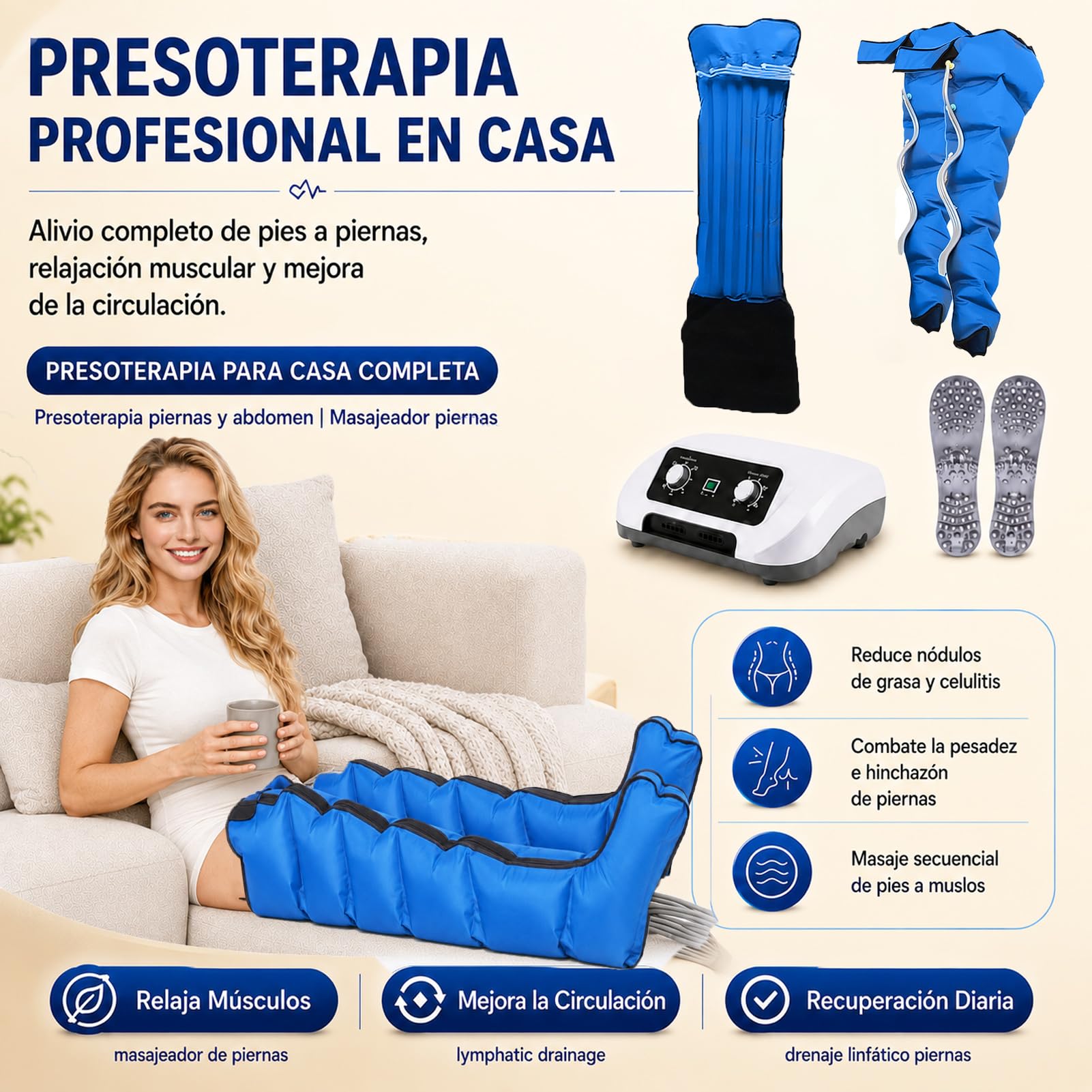 Maquina Presoterapia para Casa Piernas Completo Lipedema 6 Camaras | Botas de Presoterapia Profesional, Masajeador para Drenaje Linfático y Circulación de Piernas, Presión Ajustable 30-240 mmHg