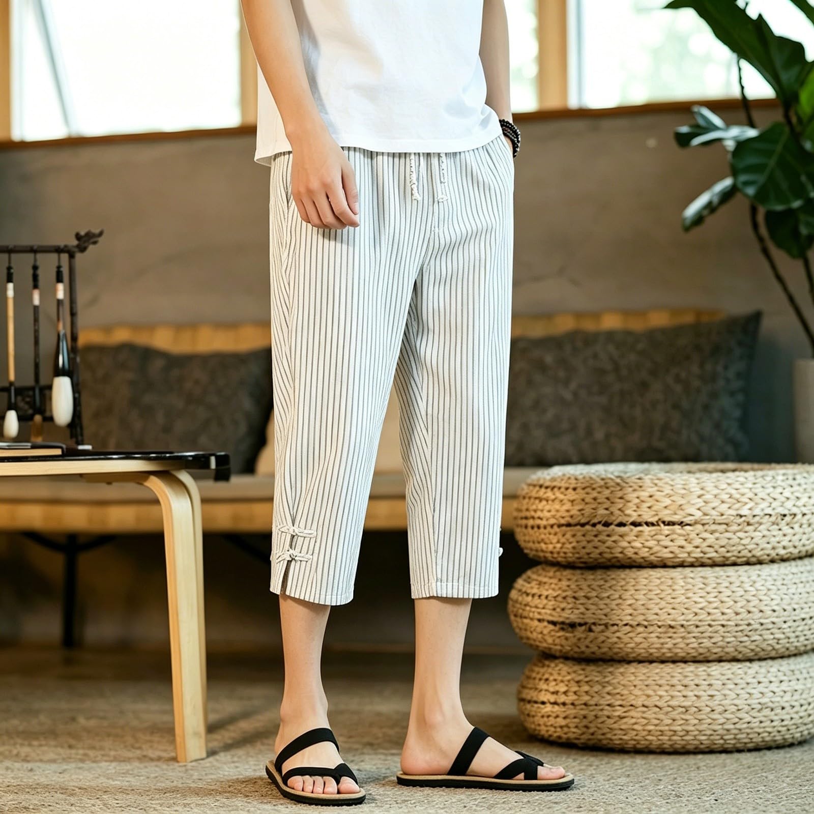 Pantaloni da uomo in lino, leggeri, a tre quarti, dritti | Gamba