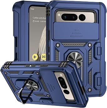 Phone Case for Google Pixel Fold with Hinge Protection & Metal Ring Stand, Heavy Duty Rugged for Google Pixel Fold Case with Slide Camera Protector Cover & S Pen Holder Blue