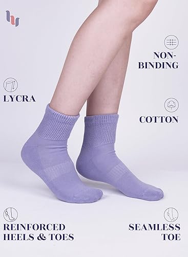 Miniatura 5 de Hugh Ugoli Calcetines tobilleros de algodón para mujer para diabéticos, anchos, sueltos, elásticos, puntera sin costuras, semiacolchado superior sin