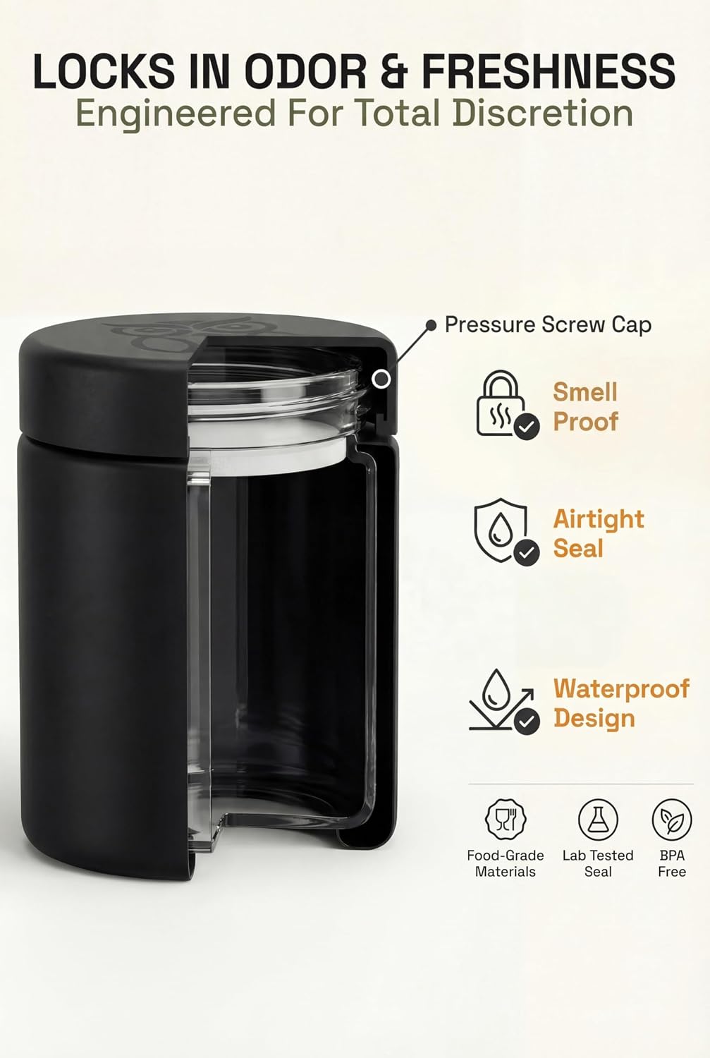 Treehouse Smell Proof Containers (120mL), Jars with Airtight Lids for Herbs, Spices, Coffee and Tea, Air Tight Glass Storage Jars with UV Protection Glass, (Set of 2) (Matte Black) image 5