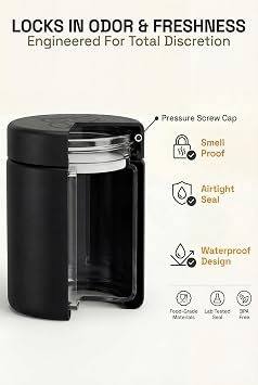 Treehouse Smell Proof Containers (120mL), Jars with Airtight Lids for Herbs, Spices, Coffee and Tea, Air Tight Glass Storage Jars with UV Protection Glass, (Set of 4) (Matte Black)