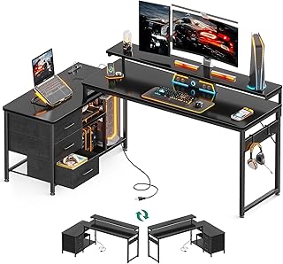 ODK パソコンデスク 引き出し付き ゲーミングデスク コンセント付き l字デスク デスク 机 幅173*100 pcデスク 棚付き desk 収納 オフィスデスク 仕事用 在宅勤務 組立簡単 ブラック