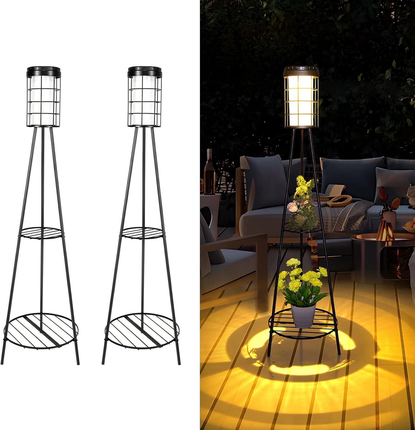 2 Pack 45.3'' Outdoor Floor Lamp IP65 Waterproof with 2 Plant Stands - Solar Lights & Street Lights with Metal Tripod - Patio Decor for Garden, Yard, Pathway, Driveway, Porch