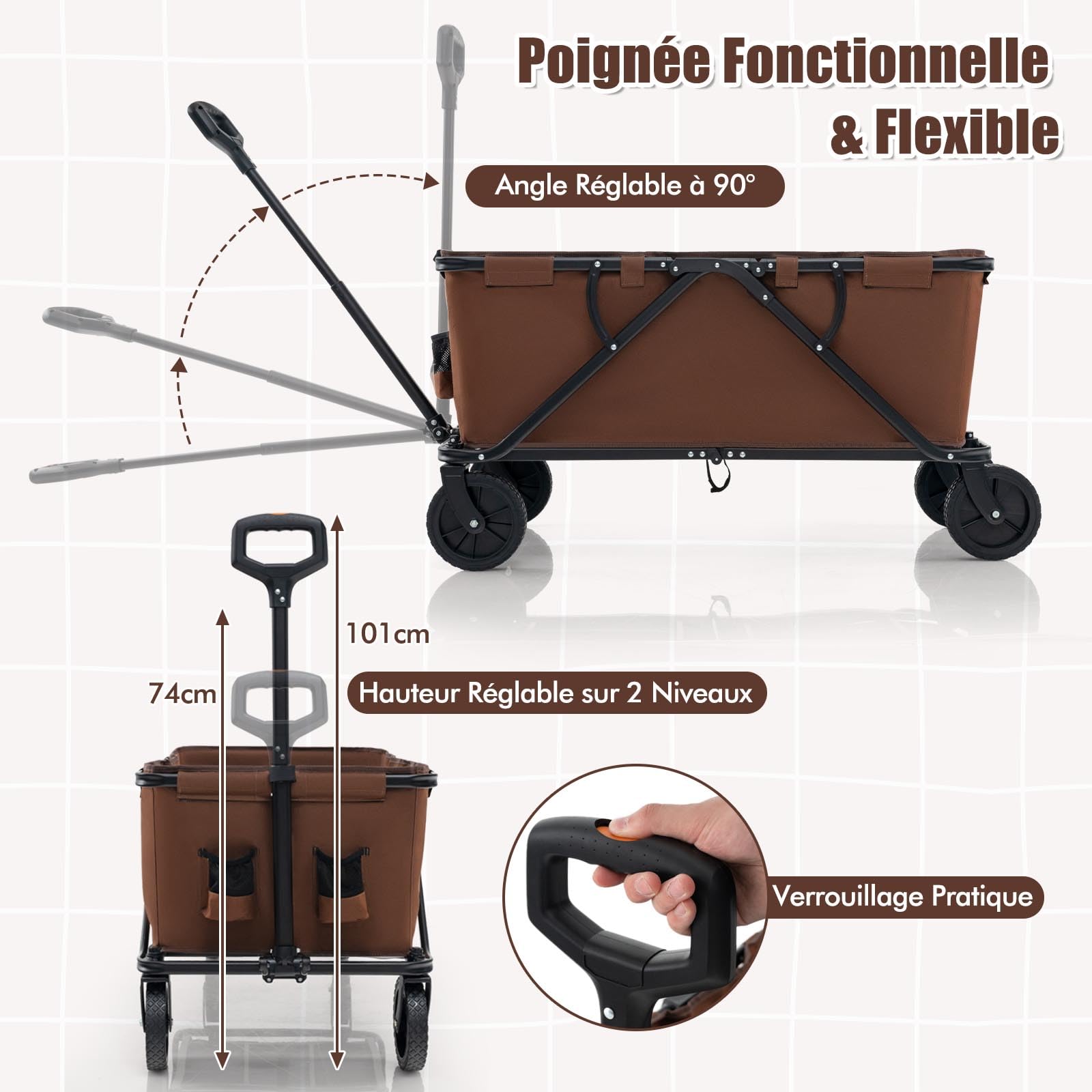 GYMAX Chariot de Plage Pliable à roulettes, avec Guidon Réglable, Porte-Bouteilles et Poche de Rangement, Chariot Utilitaire Pliable d'Extérieur, pour Camping-Jardin-Plage (Brun)