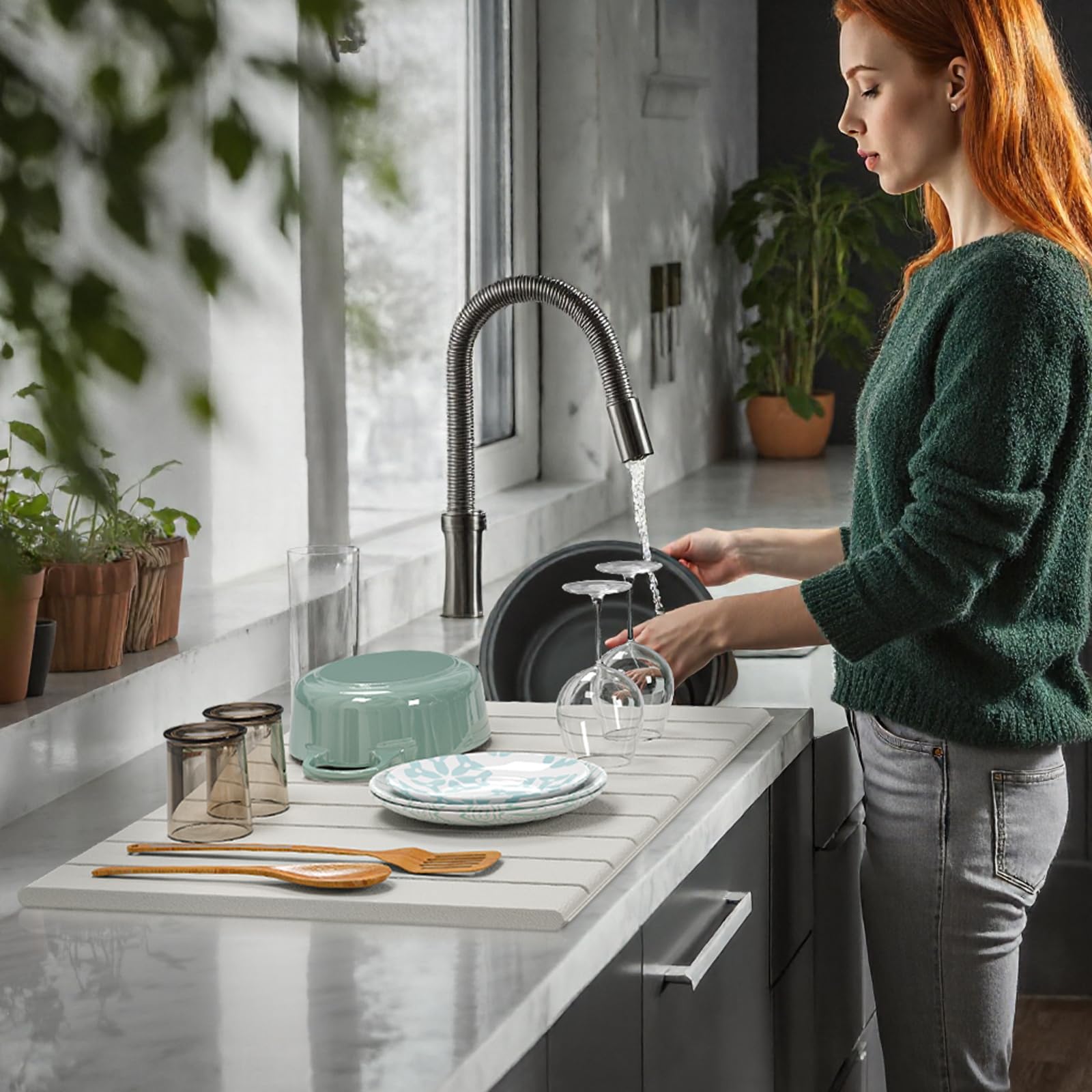 Large Stone Dish Drying Mat for Kitchen Counter, Eco-friendly, Instant Drying Pad,Diatomaceous Earth Water Absorbing Mat, Foldable and Super Absorbent Dish Drying Stone Mat, 24