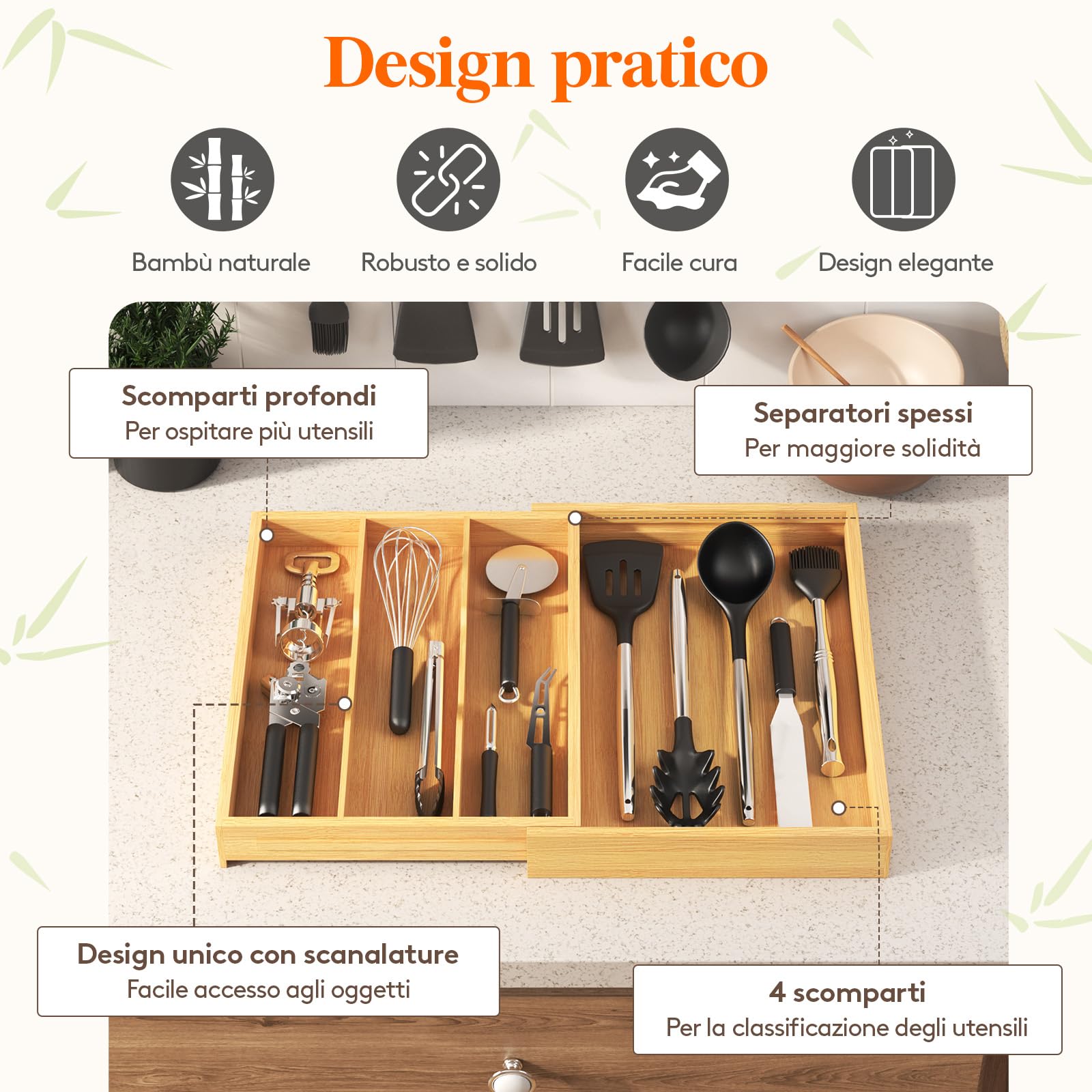 Lifewit Portaposate da Cassetto Espandibile da 3 a 4 Scomparti, Organizer Posate da Cassetto, Organizer Cucina in Bambù per Posate, Divisorio per Cassetti, Forchette, Coltelli, Cucchiai, Naturale