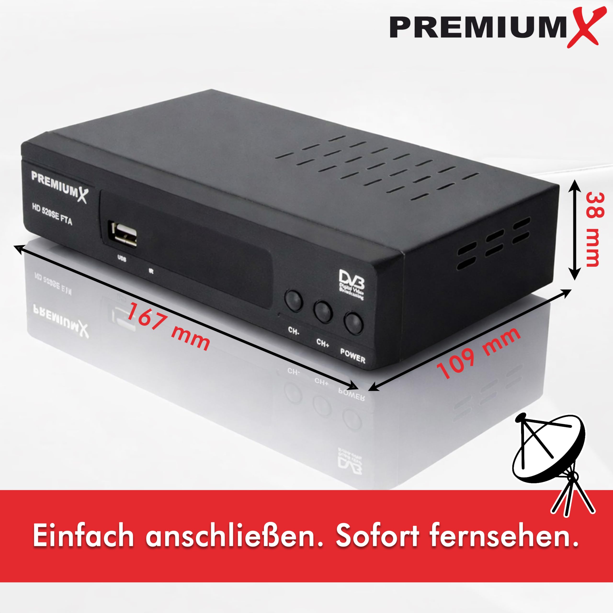 PremiumX odbiornik satelitarny HD 520SE FTA Digital SAT, DVB-S2 FullHD HDMI SCART 2 X USB odtwarzacz multimedialny, Astra Hotbird wstępnie zaprogramowany