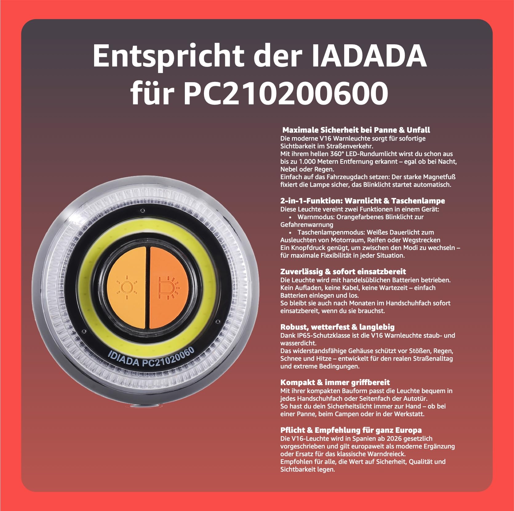 Lampe d’Avertissement V16 – IDADA 21020060 – Triangle de signalisation – Homologation UE 2026 – Auto & Moto