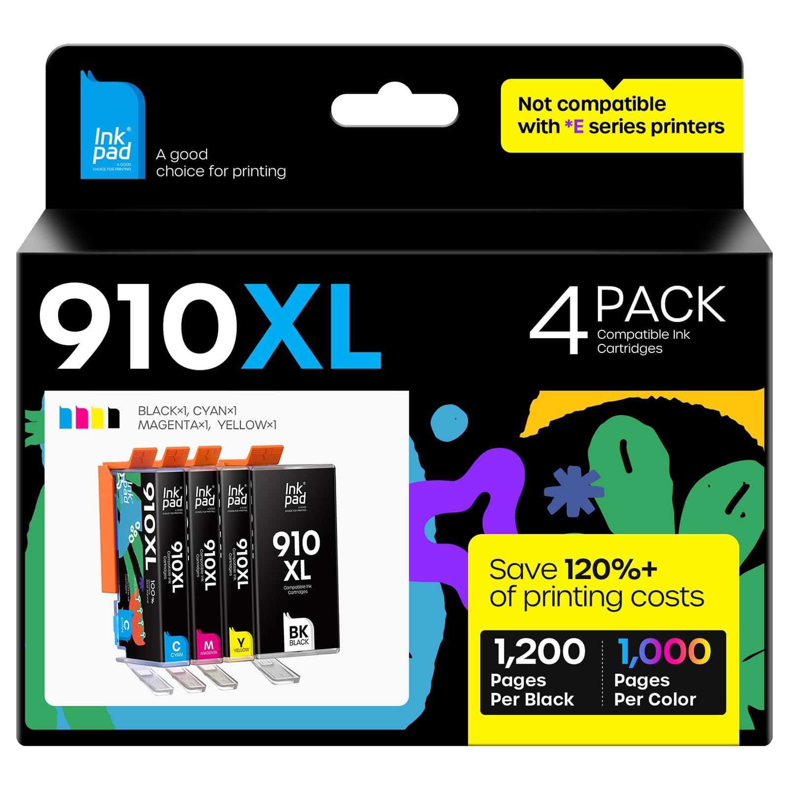iNKPAD 910XL Compatible Ink Cartridge Replacement for HP 910XL 910 XL to use with Officejet Pro 8025 8020 8028 8035 8023 Officejet 8022 8010 8015 (4 Pack, Black, Magenta, Yellow, Cyan)