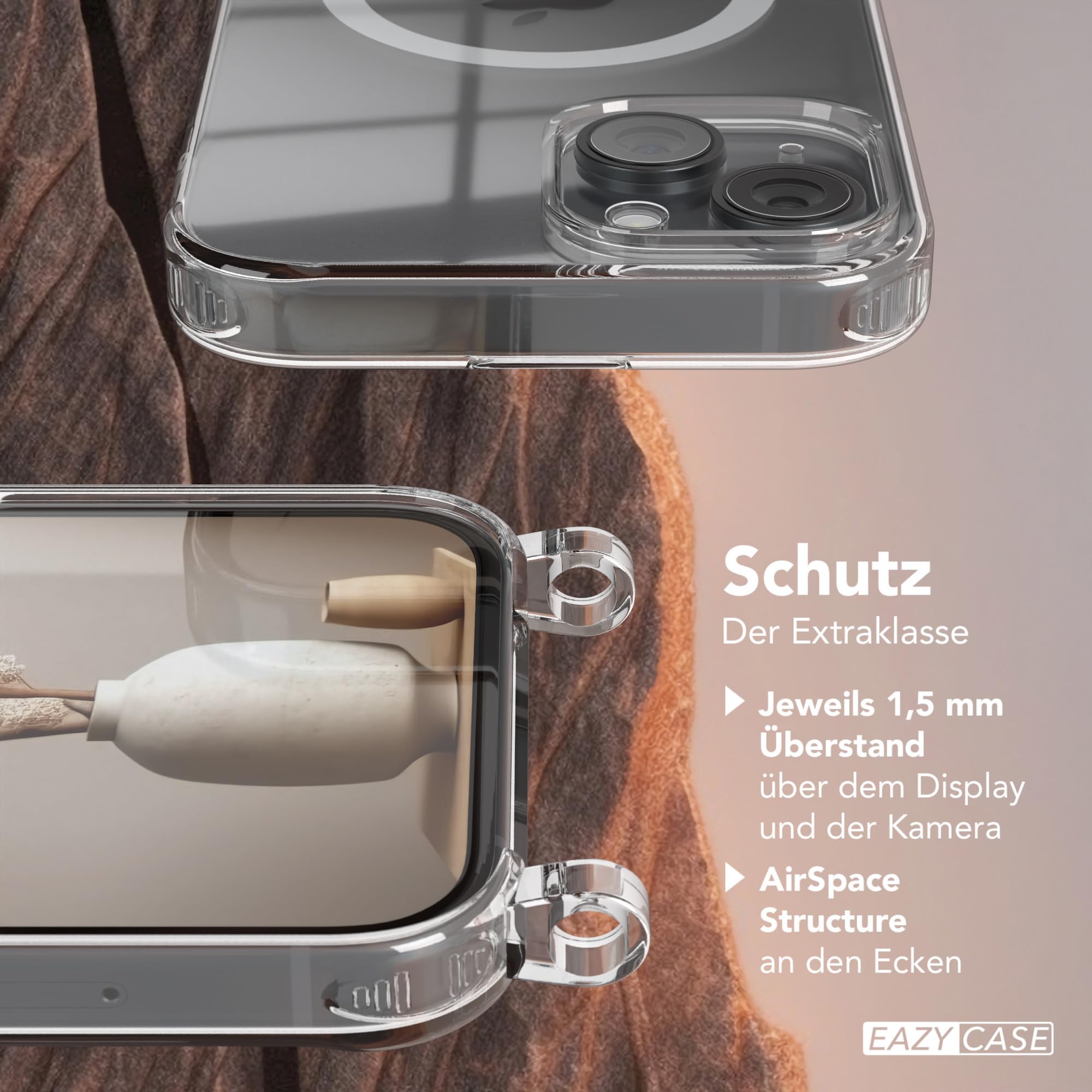 EAZY CASE Handyhülle Für IPhone 15 Mit Umhängbarer Kette – Transparent, Stoßfest, MagSafe & Qi Kompatibel