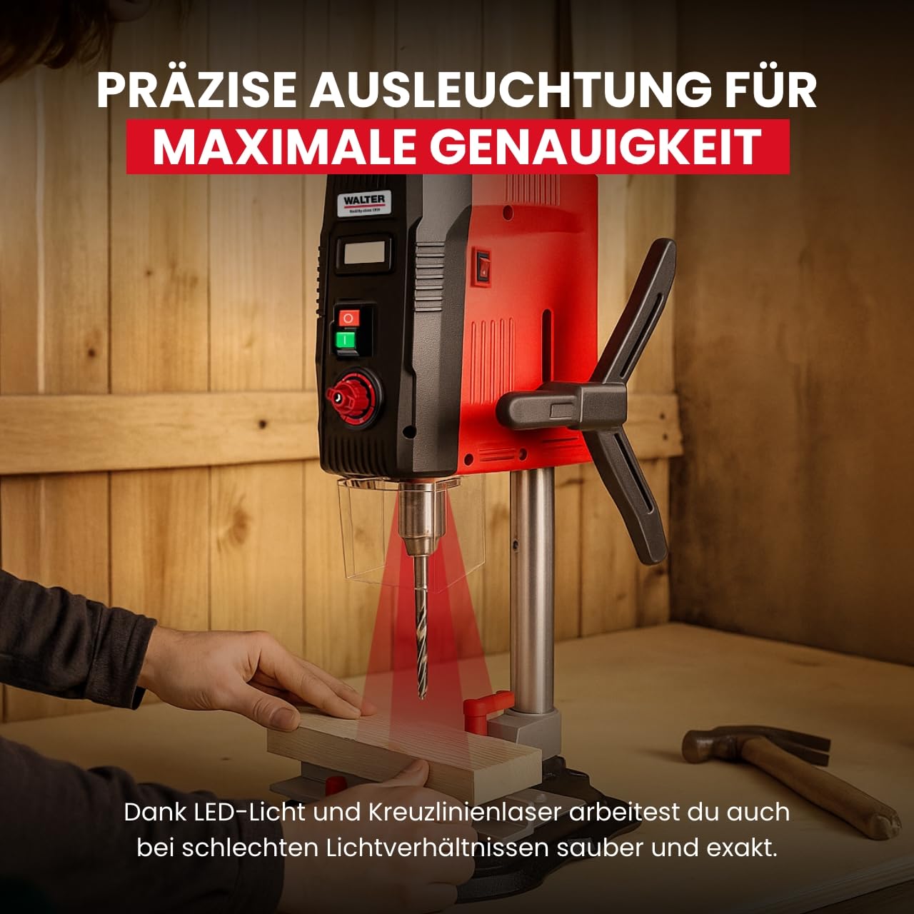 WALTER Tischbohrmaschine 900 W mit Laserführung und LCD-Anzeige, 6 Drehzahlstufen, 40 mm Bohrtiefe in Holz, 13 mm in Stahl, massiver Gusseisentisch, für Heimwerker und Werkstatt