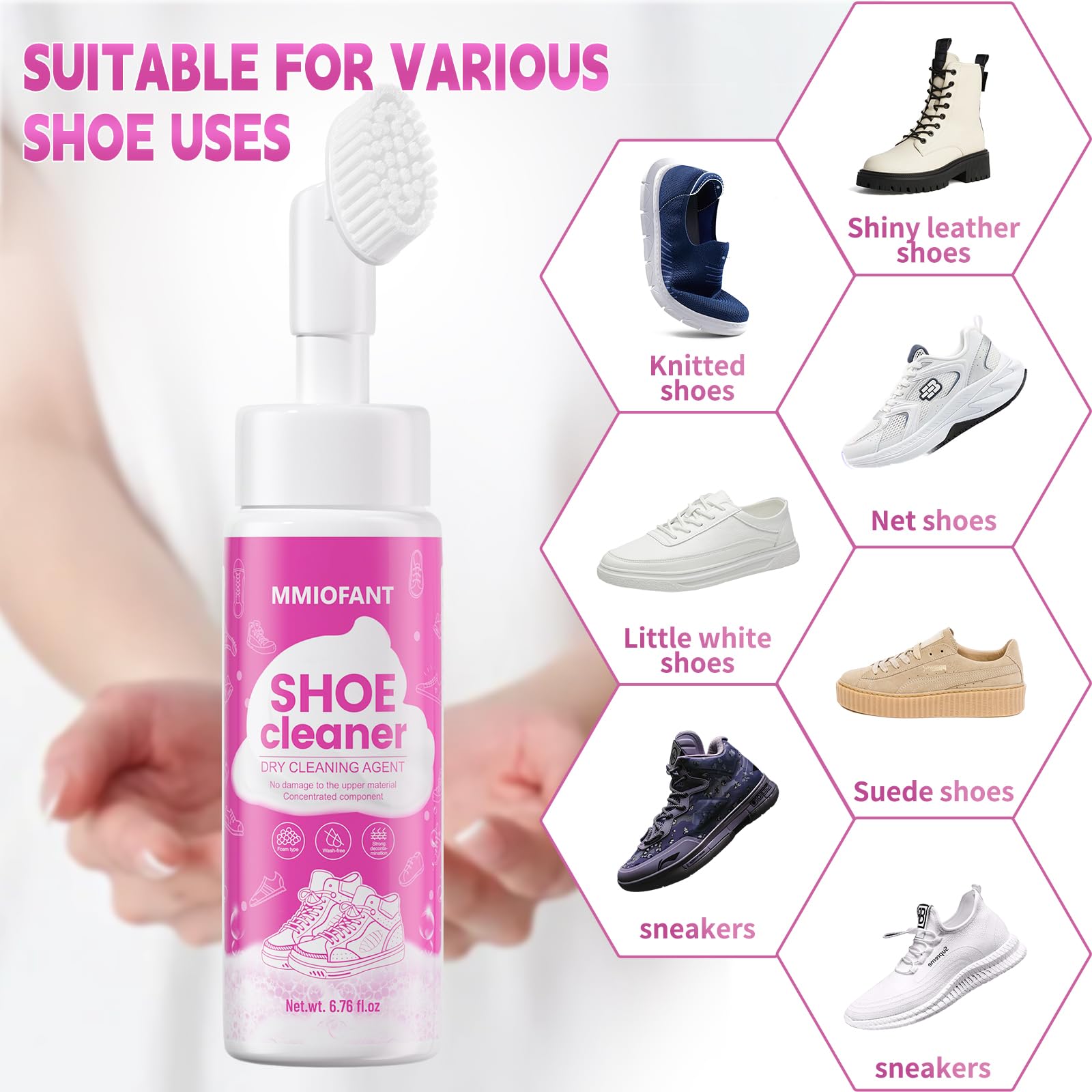 Kit de limpieza de zapatos rosa, espuma limpiadora de zapatos blanca, removedor de manchas sin agua para tenis, tenis, golf, gamuza, suela de lona