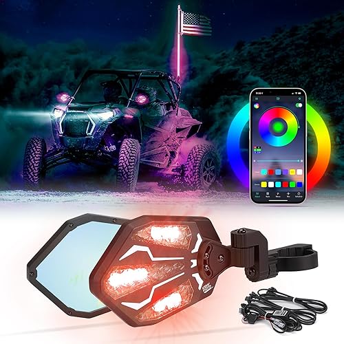KEMIMOTO UTV - Espejos laterales iluminados, espejo UTV de aluminio RGB con 29 modos de color para barra antivuelco de 1.6 a 2 pulgadas, compatible