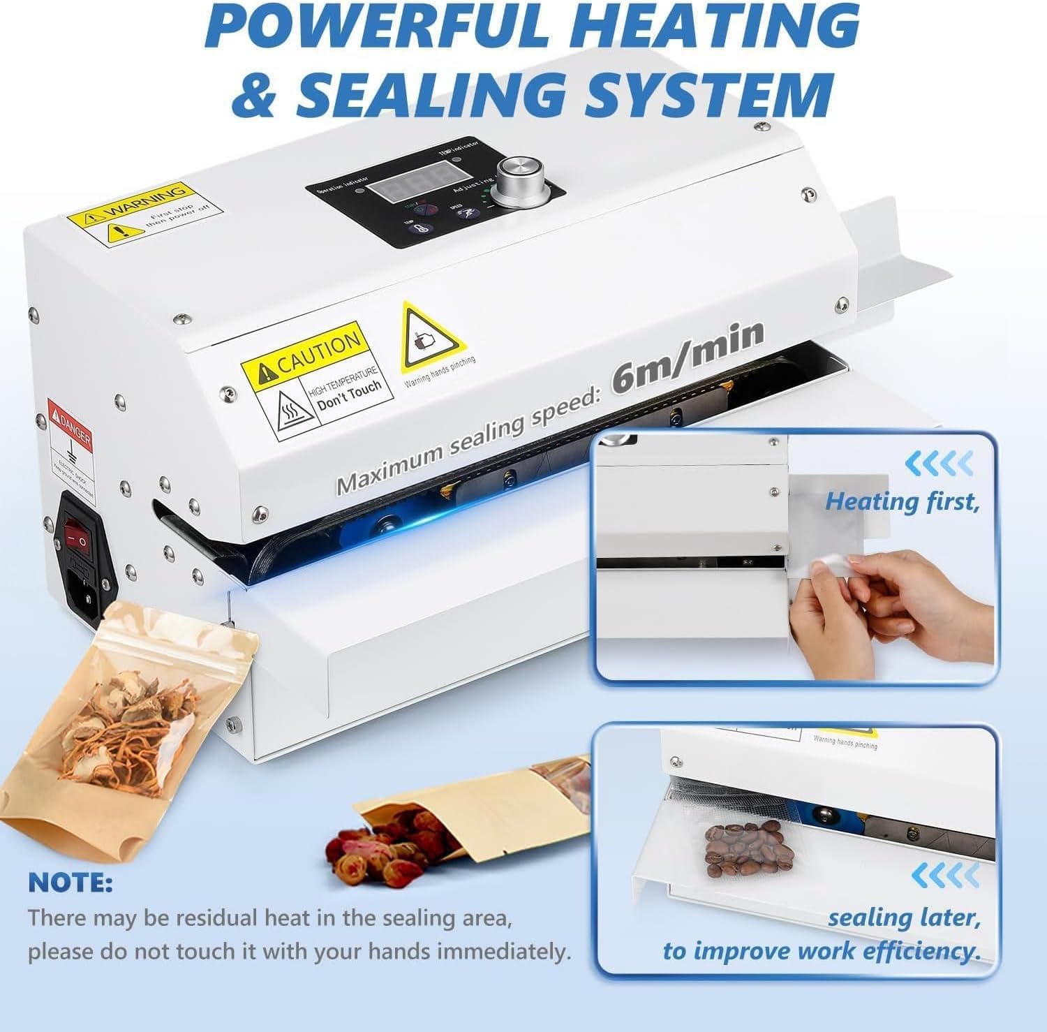 Máquina selladora de calor continuo, sellador automático de bolsas de plástico con temperatura y velocidad ajustables para galletas, pequeñas tiendas, cocina doméstica