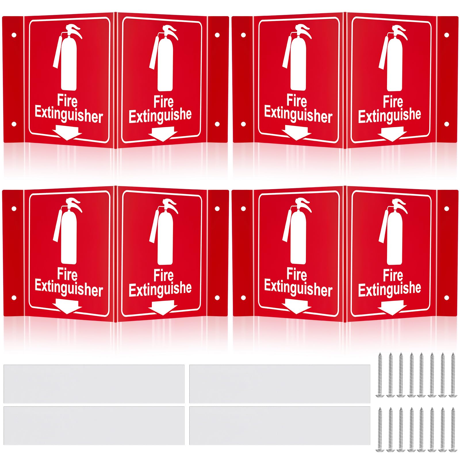 Soaoo 4 Sets 3D Fire Extinguisher Projecting Sign 6.3" x 6.3" Acrylic Fire Extinguisher Sign with Down Arrow Pre Drilled Mounting Hole, Screw with Washer Double Sided Tape for Indoor Outdoor Wall