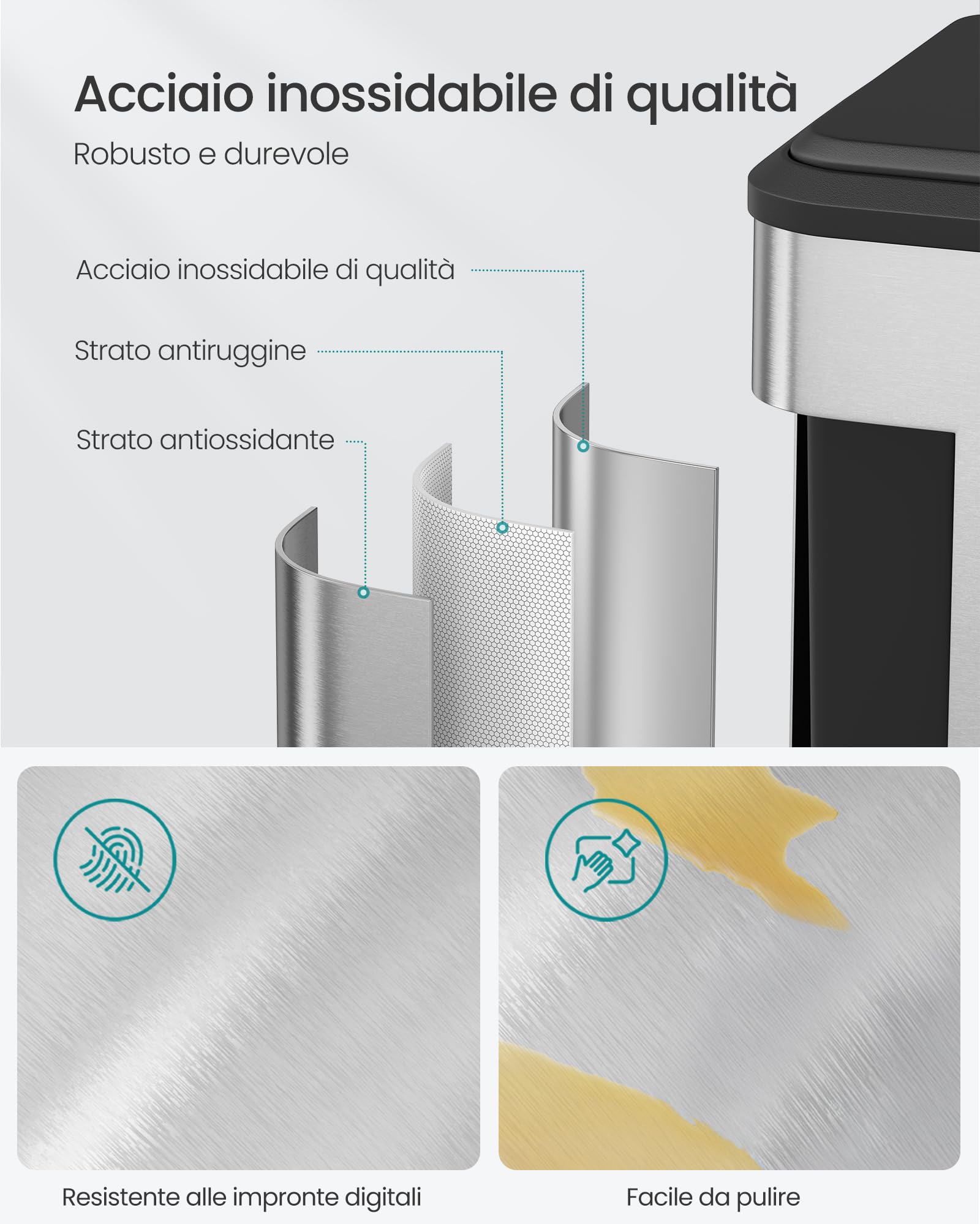 SONGMICS Cestino da Cucina, 2 x 30 L, Pattumiera Doppia per Raccolta Differenziata, Secchi Interni, Acciaio Inossidabile, Coperchio a Chiusura Morbida, Pedale Ampio, Argento Metallizzato LTB556E01