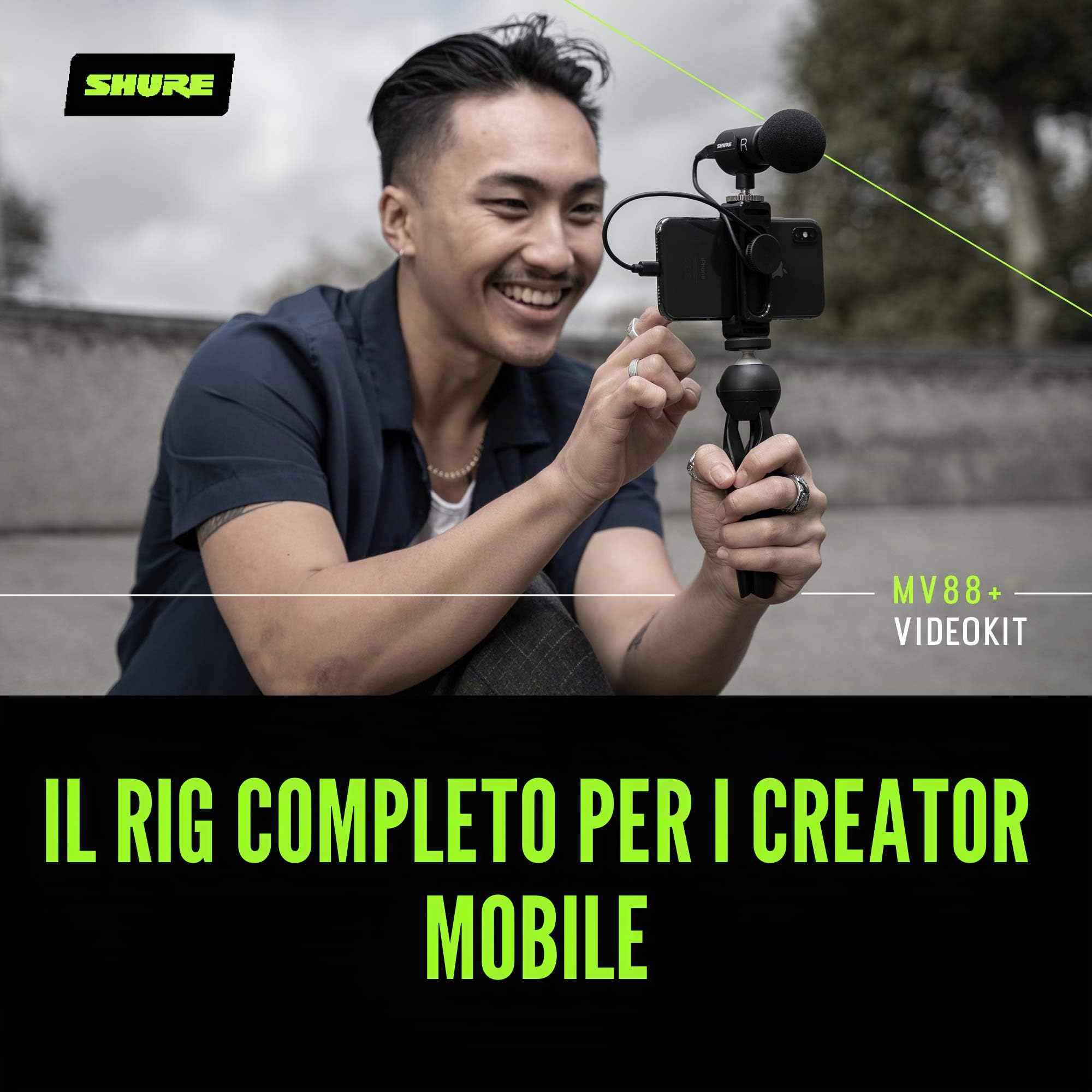 Shure MV88+ Kit Cablato Microfono digitale stereo a condensatore Kit video per Apple e Android, con treppiede Manfrotto PIXI, morsetto per telefono, supporto, cavi iOS e USB-C