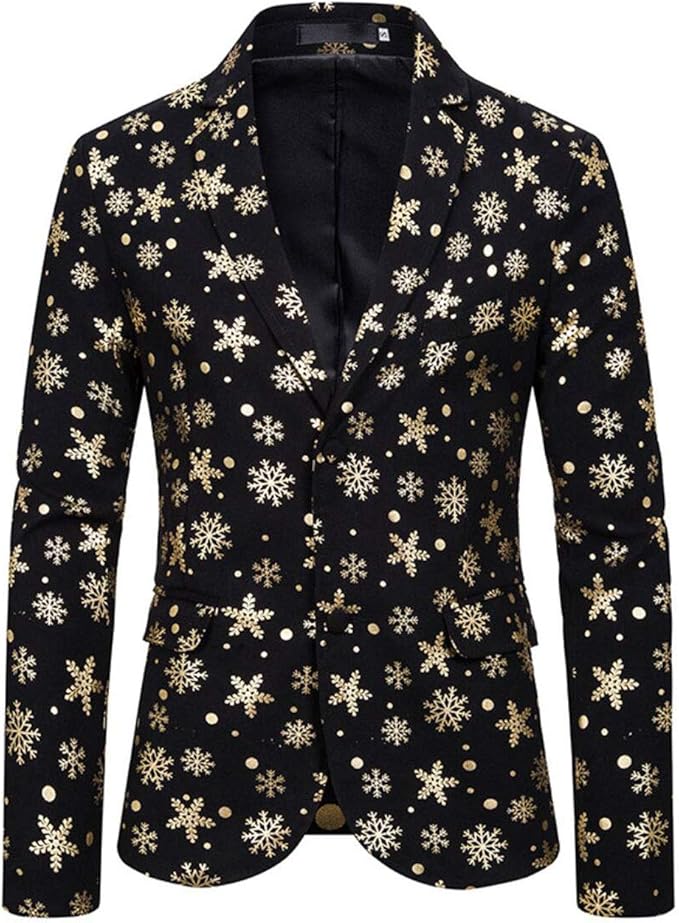 Men's Silver Printed Snowflake Blazer Two Buttons Peak Lapel Christmas