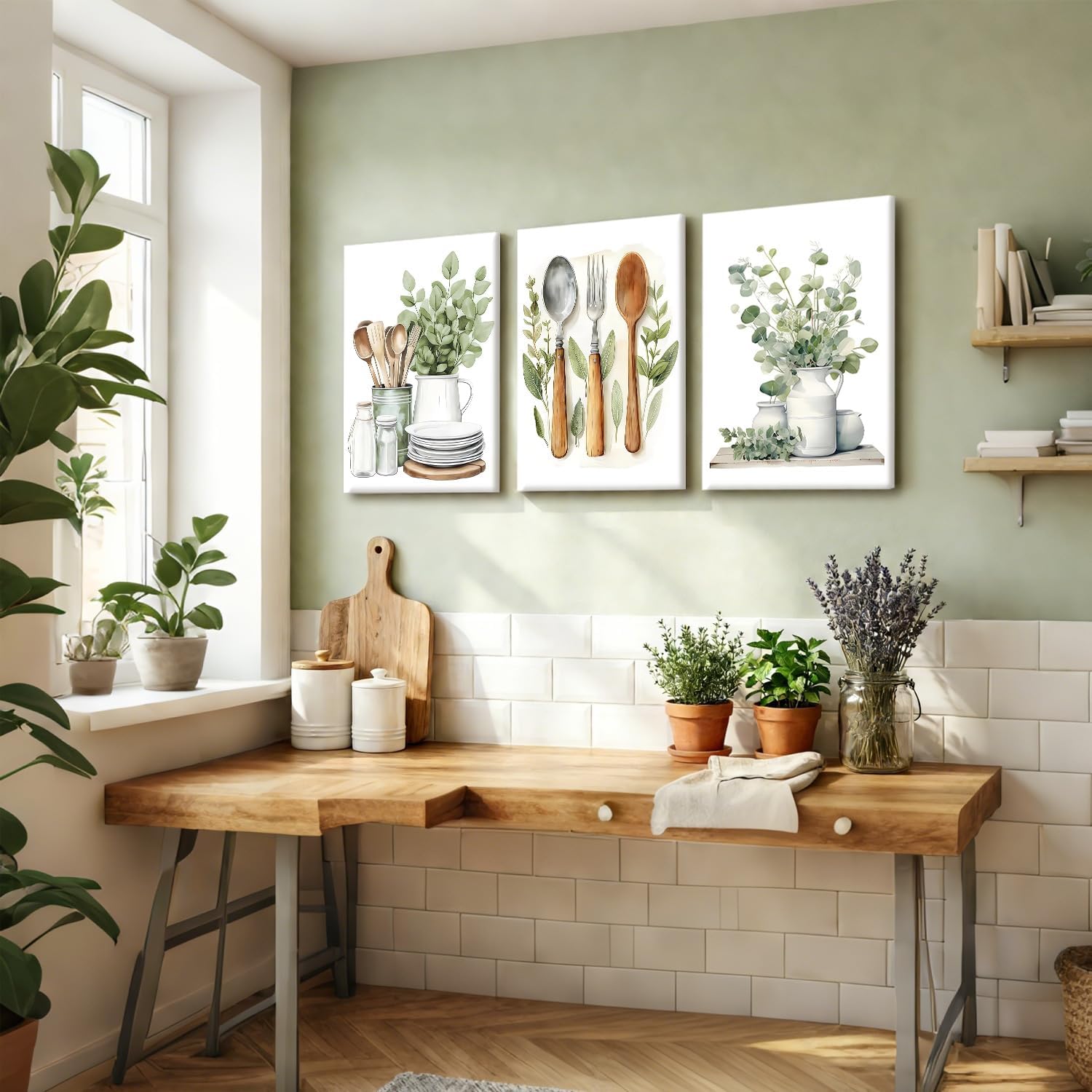 Doqueodas 3pcs Sage Green Kitchen Canvas Framed Wall Art Plant Farmhouse Style Utensils Images, Green Plant Minimalist Poster Print Suitable for Restaurant and Living Room Wall Decor 16x24 inch