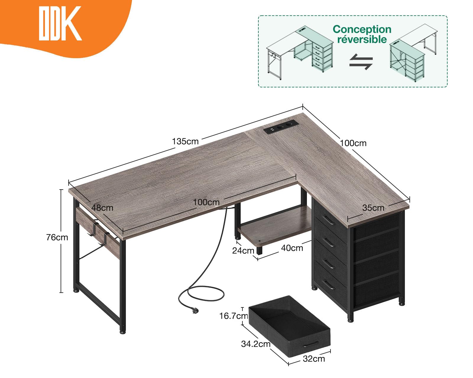 Tribesigns Bureau d'angle réversible en forme de L avec 4 tiroirs et 2 étagères pour Bureau, 155 Tribesigns Bureau d'angle réversible en forme de L avec 4 tiroirs et 2 étagères pour Bureau, 155
