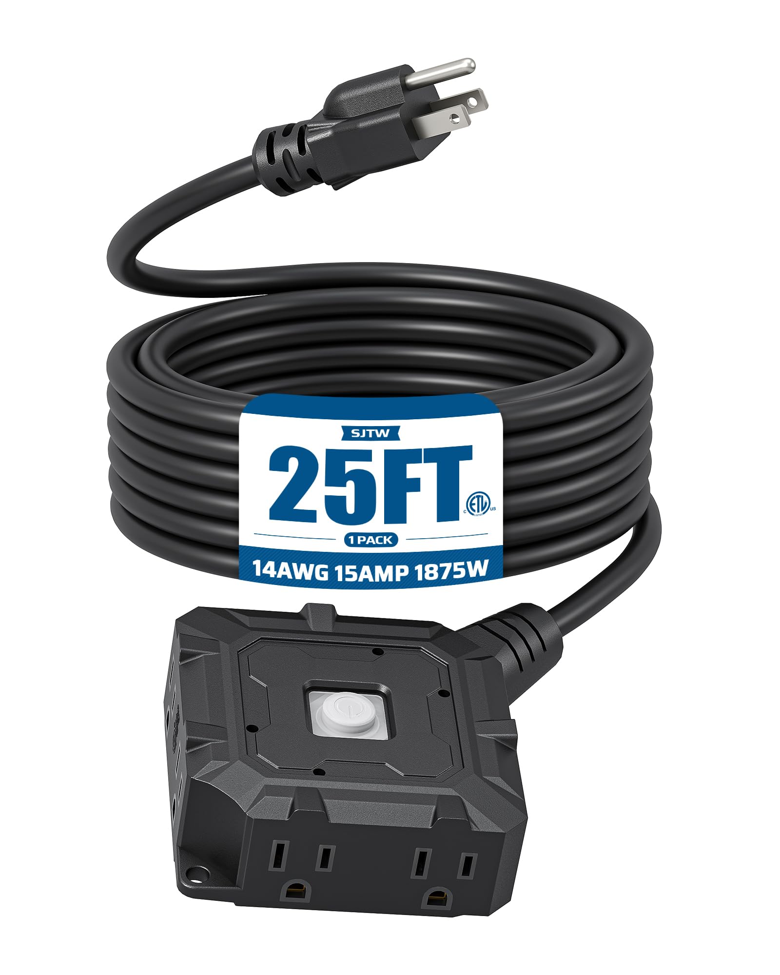 DEWENWILS - Cable de extensión resistente de 25 pies, 6 salidas con interruptor de encendido/apagado y cubierta de silicona impermeable, calibre 14/3 SJTW, cable de alimentación negro, 15A/125V/1875W