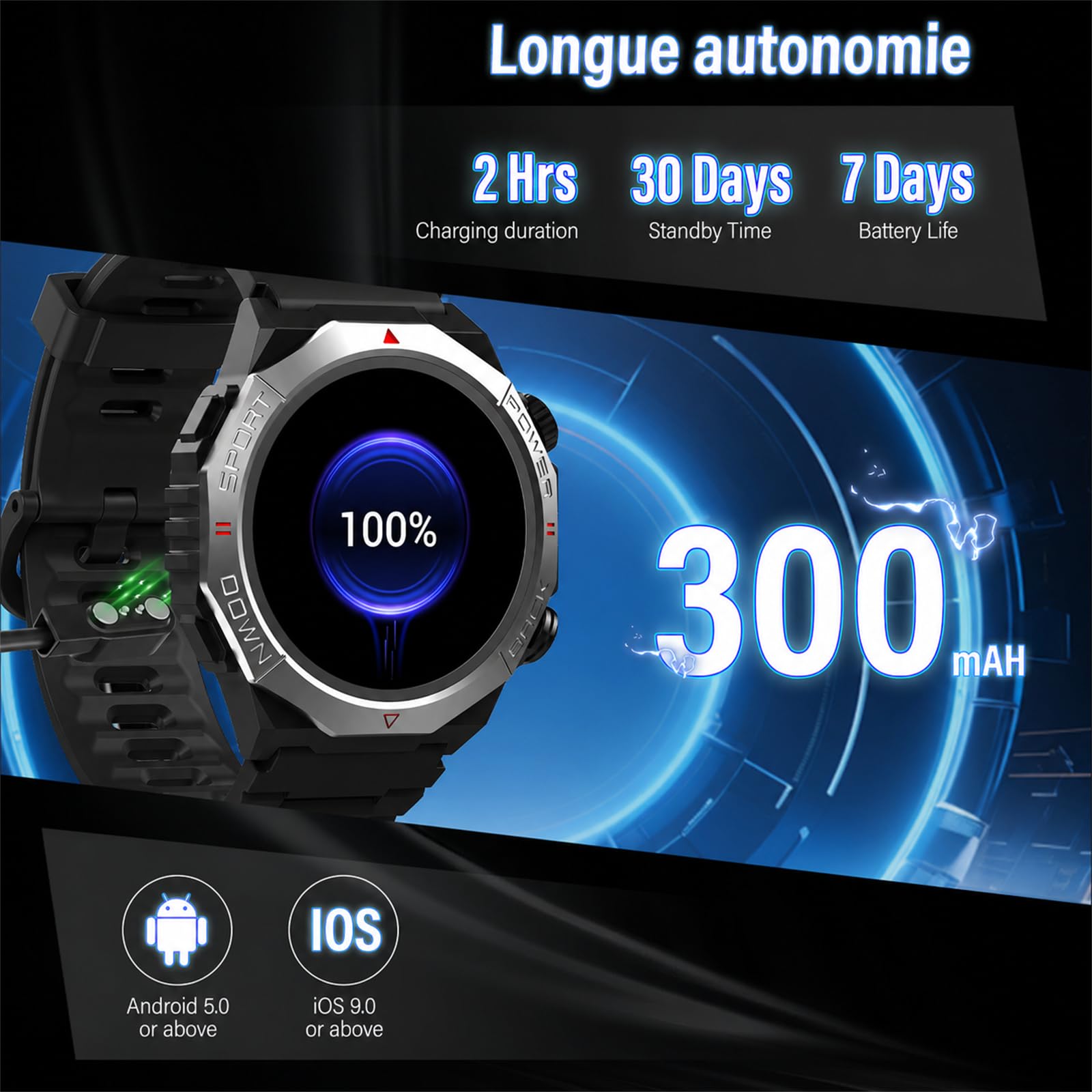 Soudorv Montre Connectée Homme, Militaire Montre avec Appel Bluetooth, Noir