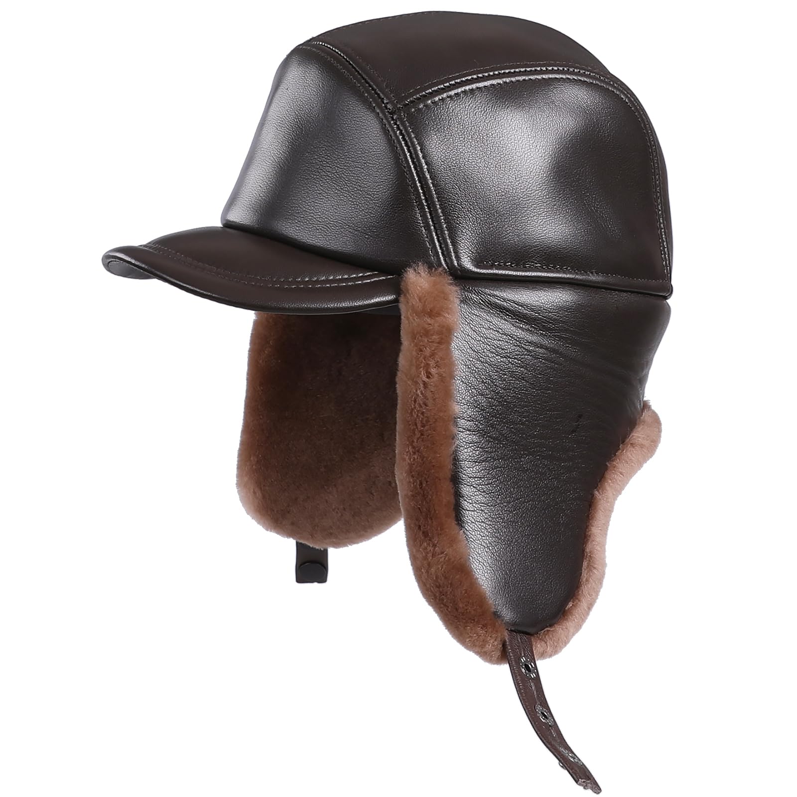 BOONJOVIA Mens Shearling Sheepskin Leather Aviator Russian Ushanka Trapper Peaked Winter Fur Hat (US, Alpha, Medium, Brown)