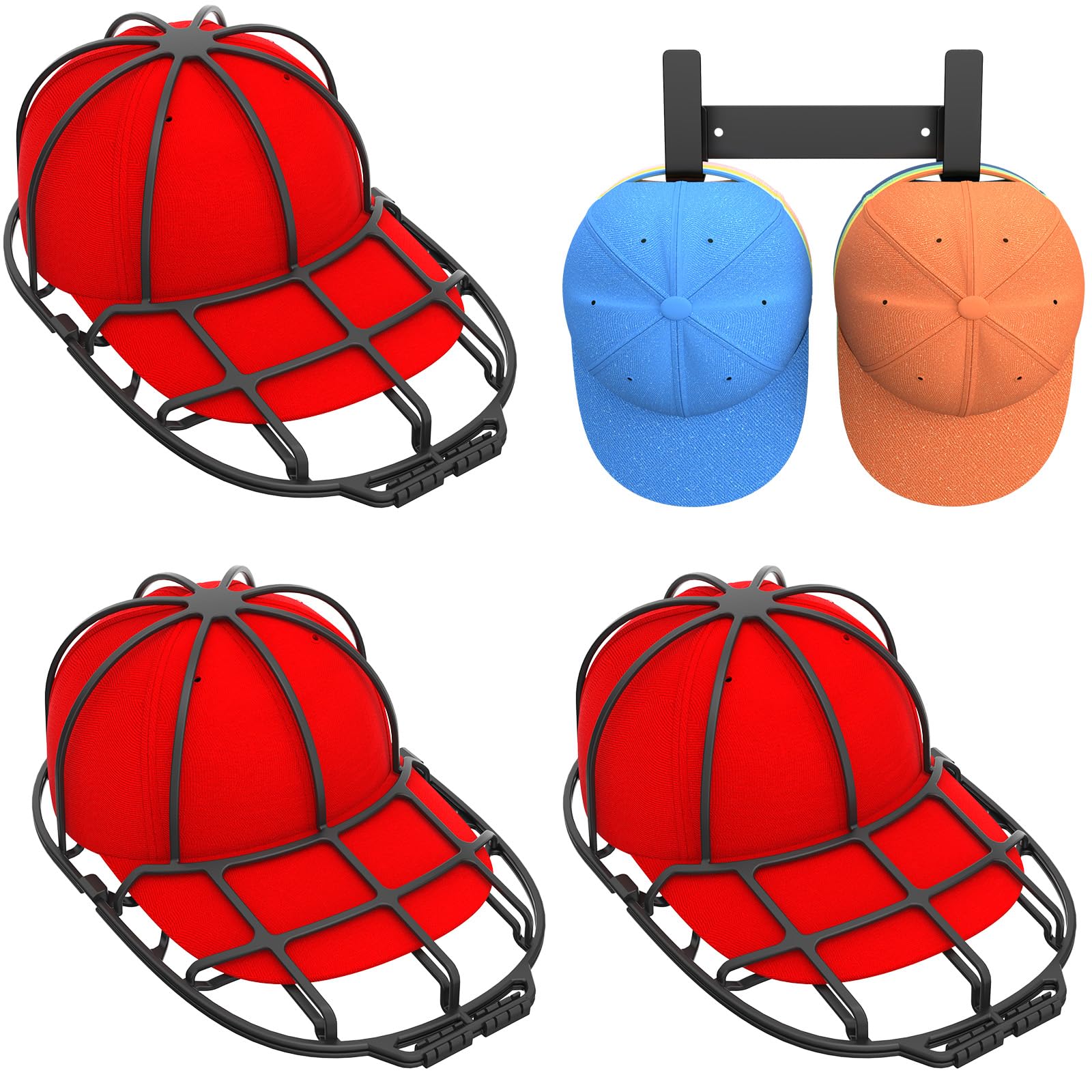 XQXA 3-Pack Hat Washer Cage for Washing Machine and 1-Pack Stainless Steel Hat Rack, Bundle 4 items