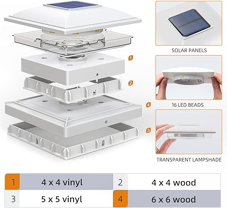 APONUO APONUO 6 Pack Solar Post Cap Lights, 2 Modes(Warm/Cool Light) Outdoor Waterproof Fence Post Solar Lights, Solar Powered Garden, Patio, Deck Decor for 4x4, 5x5, 5.5x5.5 Wood & Vinyl Posts, White photo 6