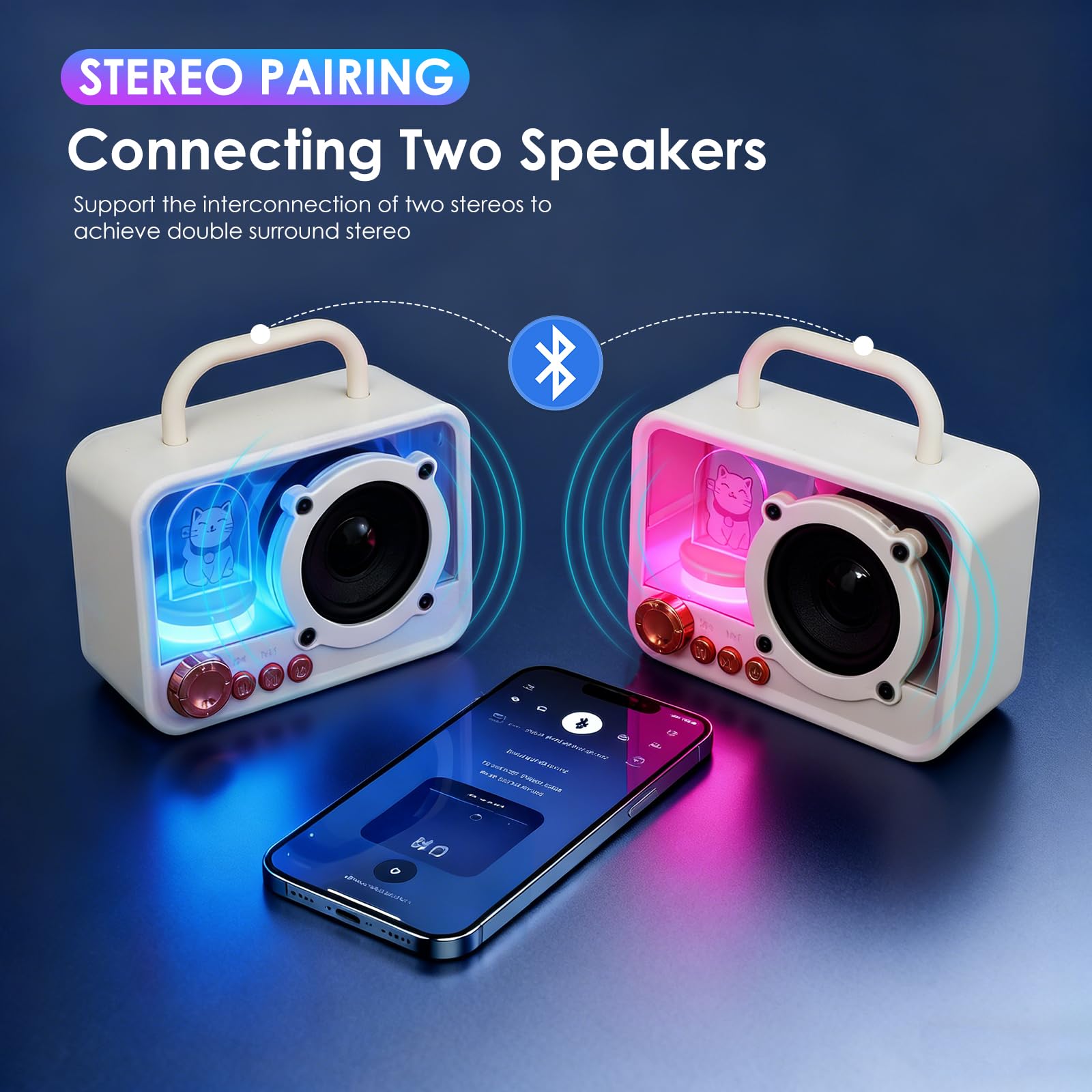 Tragbarer Bluetooth-Lautsprecher mit RGB-Lichtern, Stereo-Sound, druckvoller Bass, Mini-Bluetooth-Lautsprecher, niedlicher Mode-Stil für Küche, Schreibtisch, Schlafzimmer, Büro, Party