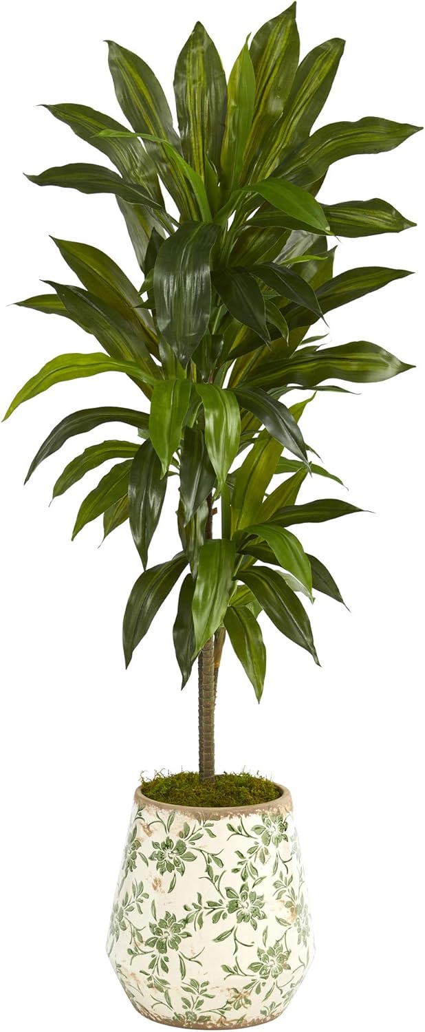 Nearly Natural 4ft. Dracaena Artificial Plant in Flower Print Planter (Real Touch)