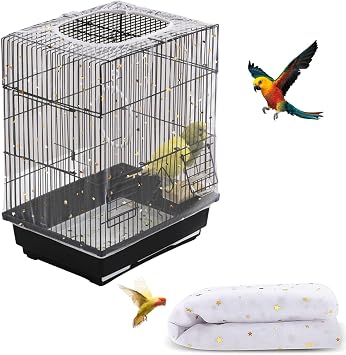 Adjustable Birdcage Cover Birdcage Nylon Mesh Net Cover, Birdcage Seed Feather Catcher Soft Skirt Guard Birdcage Nylon Mesh Net for Parrot Parrot Macaw Round Square Cage White