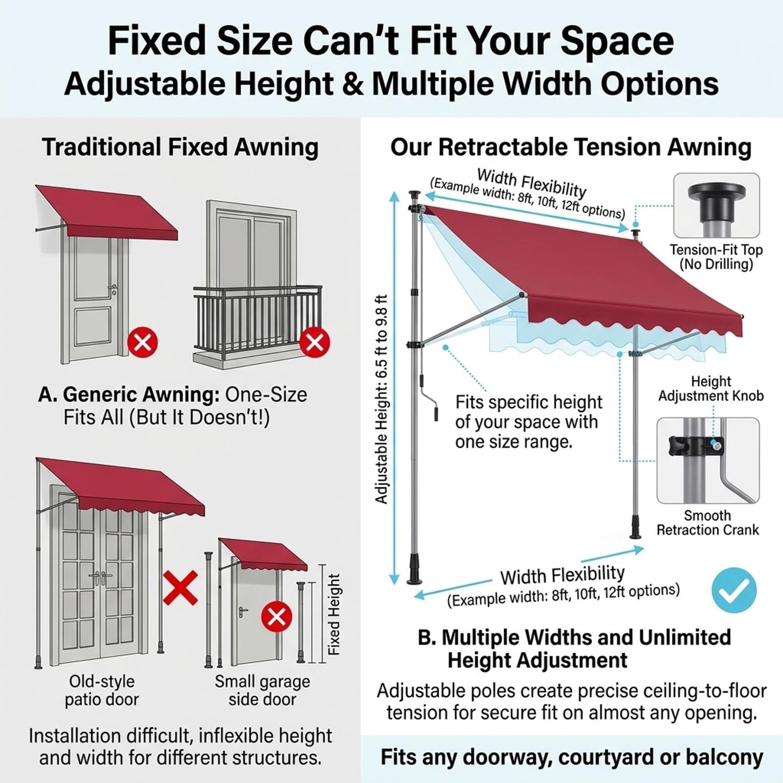 Auvent de patio rétractable autoportant à manivelle avec poteau de support. | Auvent pare-soleil imperméable à hauteur réglable, tissu de remplacement for patio d'entrée.(White pole ClrC,350cm/11.5ft)