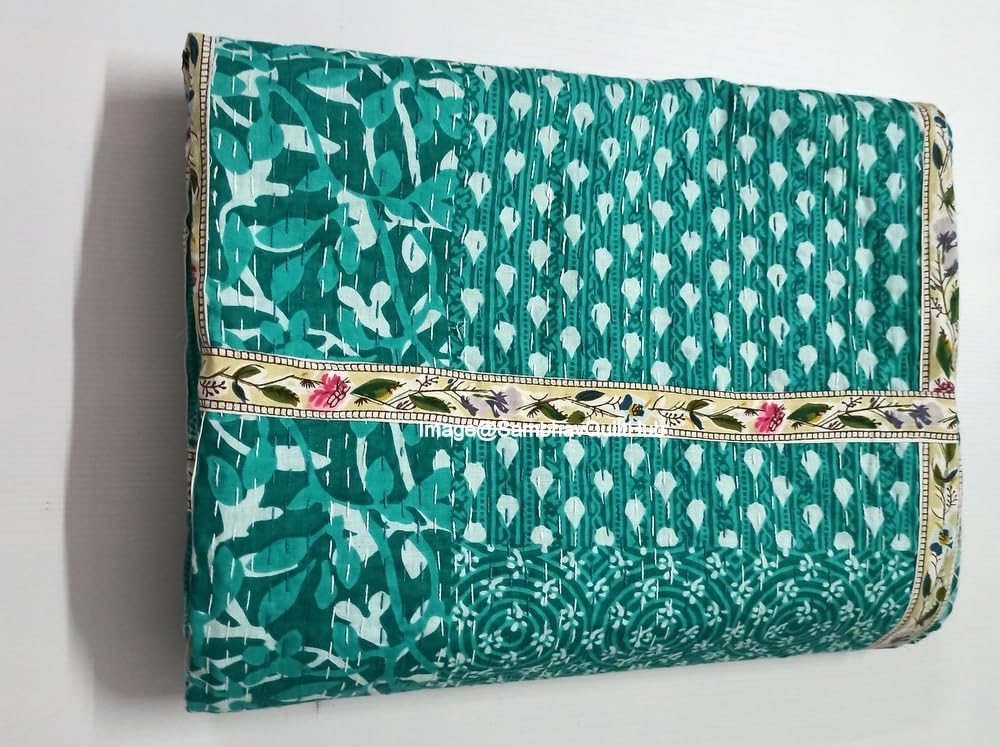 Green Indigo Print Less Cotton Handmade Handblock Quilted Blanket Indian Cottodspread Kantha Indigo Print Beork Bohemian Bed Decor Block Throw Blanket Twin/King/Queen (90X108 inch)