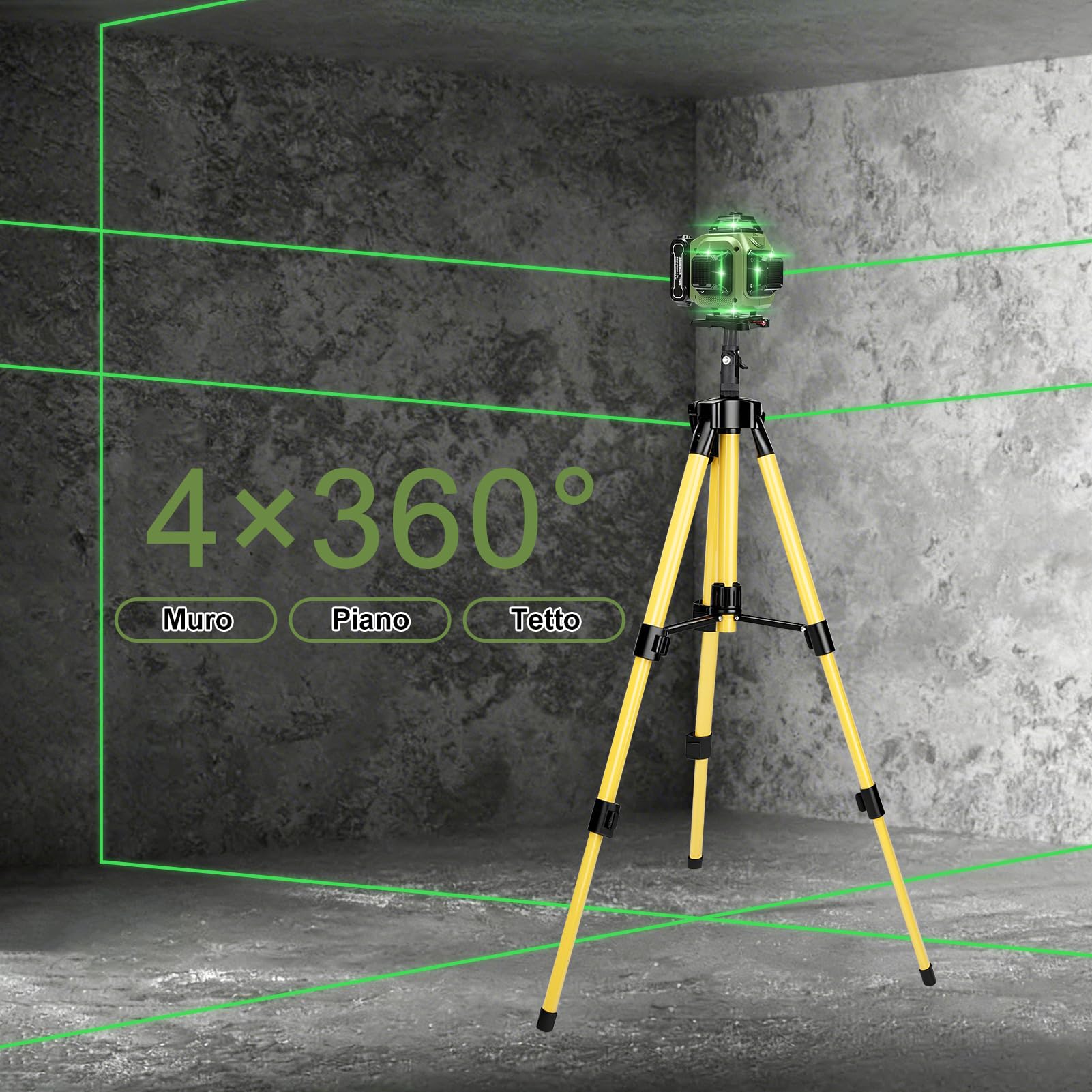 Livella laser a croce con 16 linee,portata di 30 m, autolivellante 4 x 360° con treppiede, ideale per cantieri edili interni, con batterie da 3x3600 mAh.