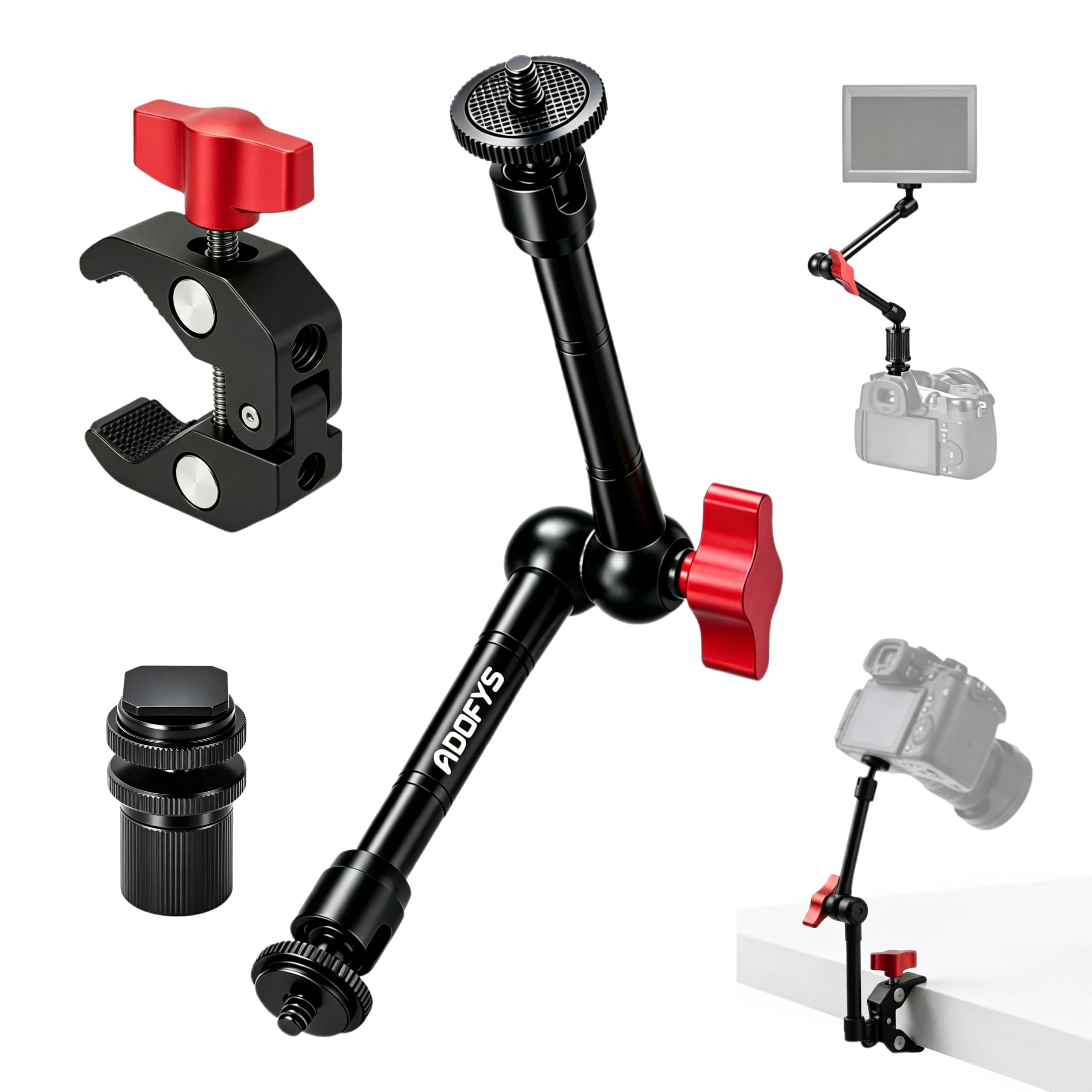 ADOFYS Magic Arm with Super Clamp - 11in/28cm Adjustable Articulating Friction Camera Mount & Clamp with 1/4" and 3/8" Thread for LCD Monitor LED Light Flash Light Phone Action Cam-image-35