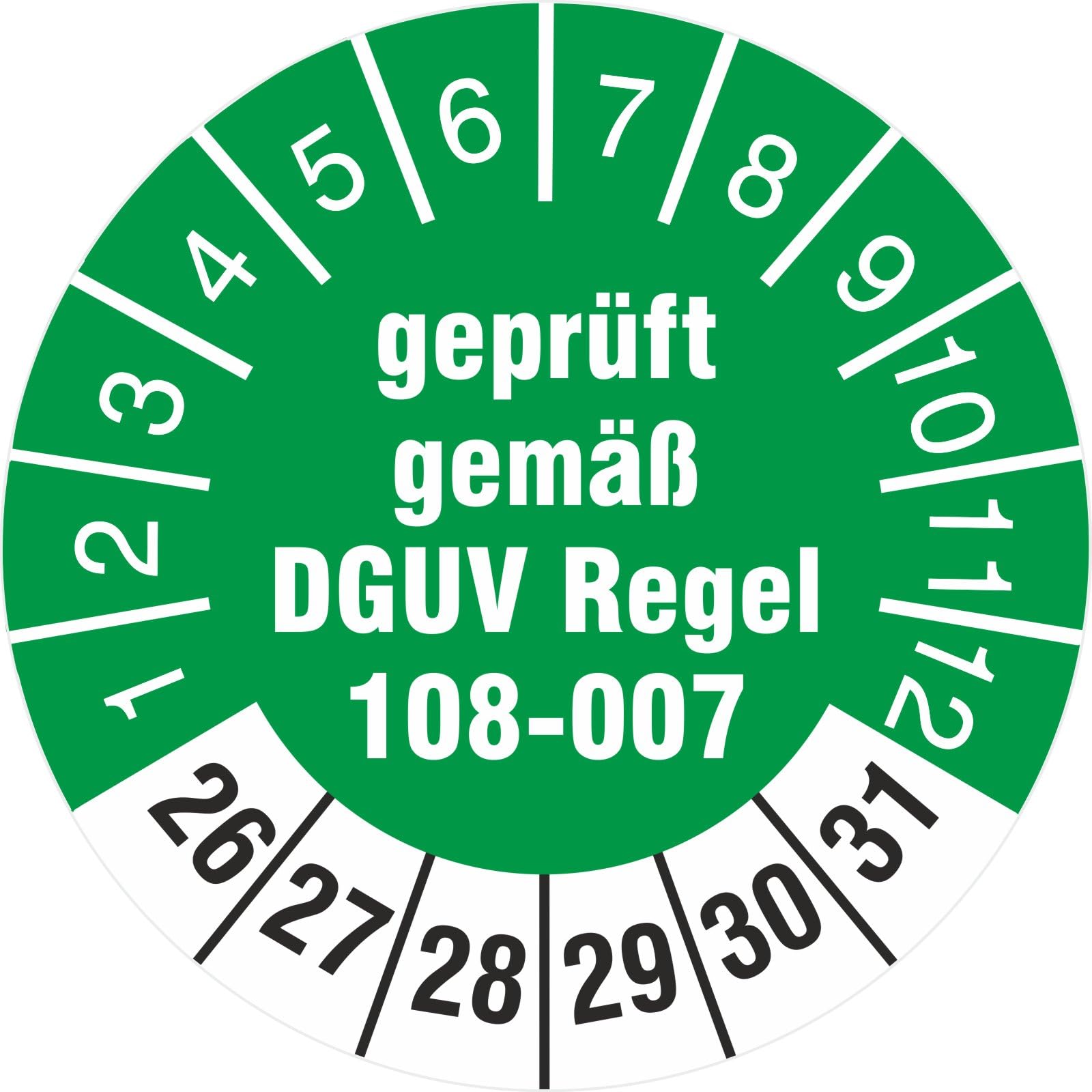 500 Stück geprüft nach DGUV Regel 108-007 Prüfetiketten/Prüfplaketten 30 mm rund Lagereinrichtungen und Geräte 2026-2031