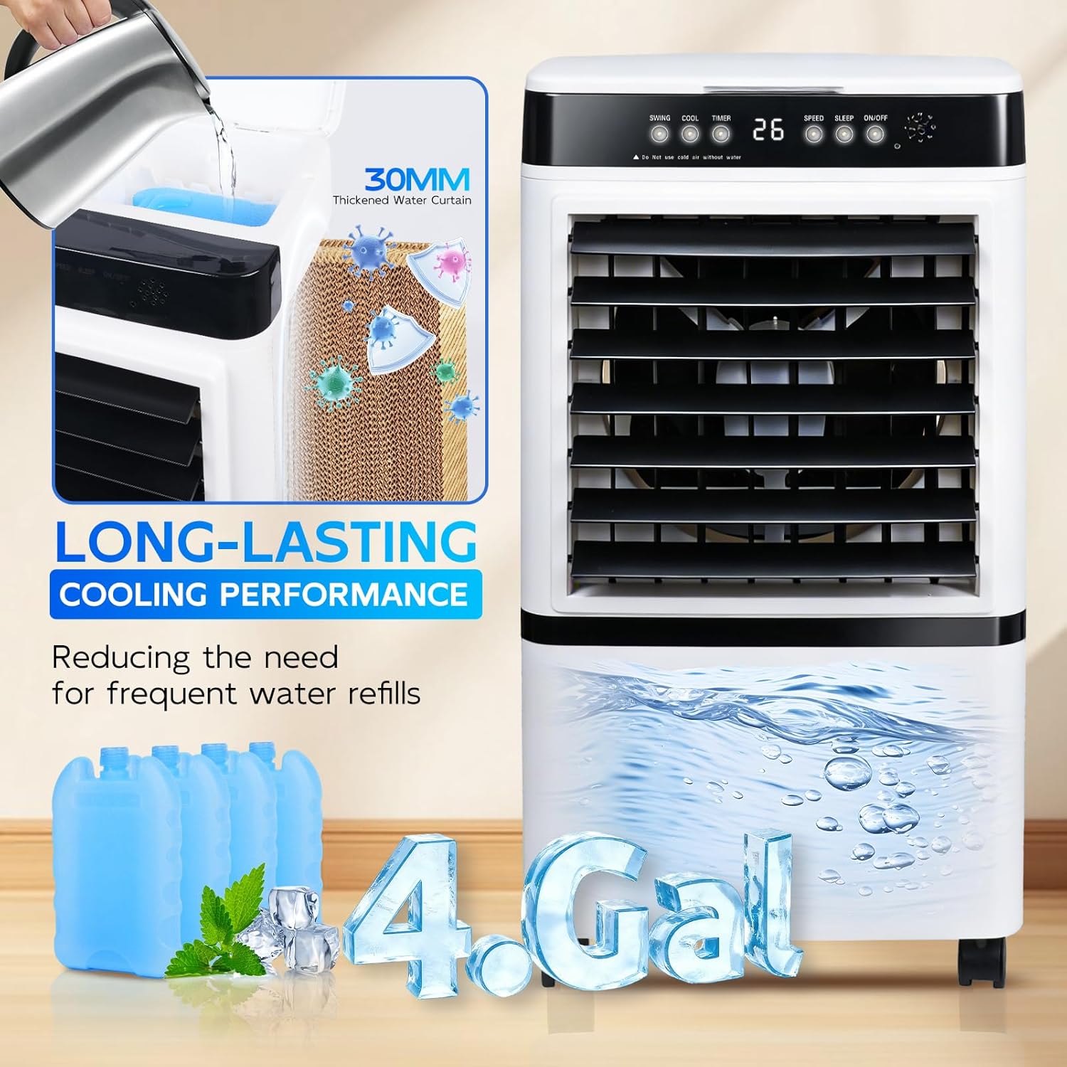 Portable Air Conditioner, Evaporative Air Cooler with Remote 3 Modes 3 Speeds 4 Gal Water Tank 4 ice packs 120°Oscillation 12H Timer 8,500 BTU for Rooms Up To 250 Sq. Ft.