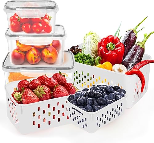 Paquete de 3 recipientes de almacenamiento de frutas para refrigerador con coladores, 4 en 1 contenedores de almacenamiento de productos,