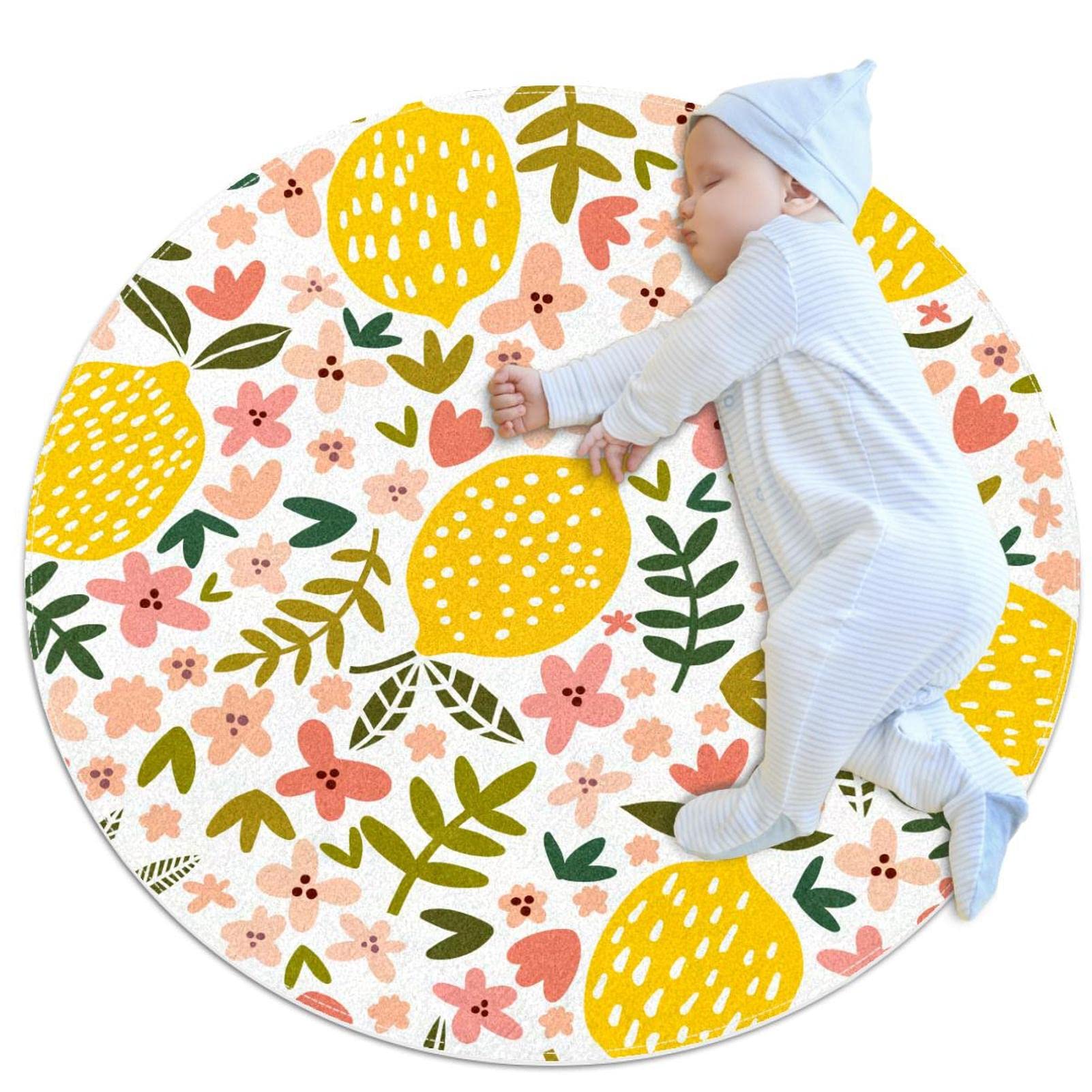 Tapis ronds fleurs de citron 100x100cm antidérapants et doux pour décoration chambre et salon