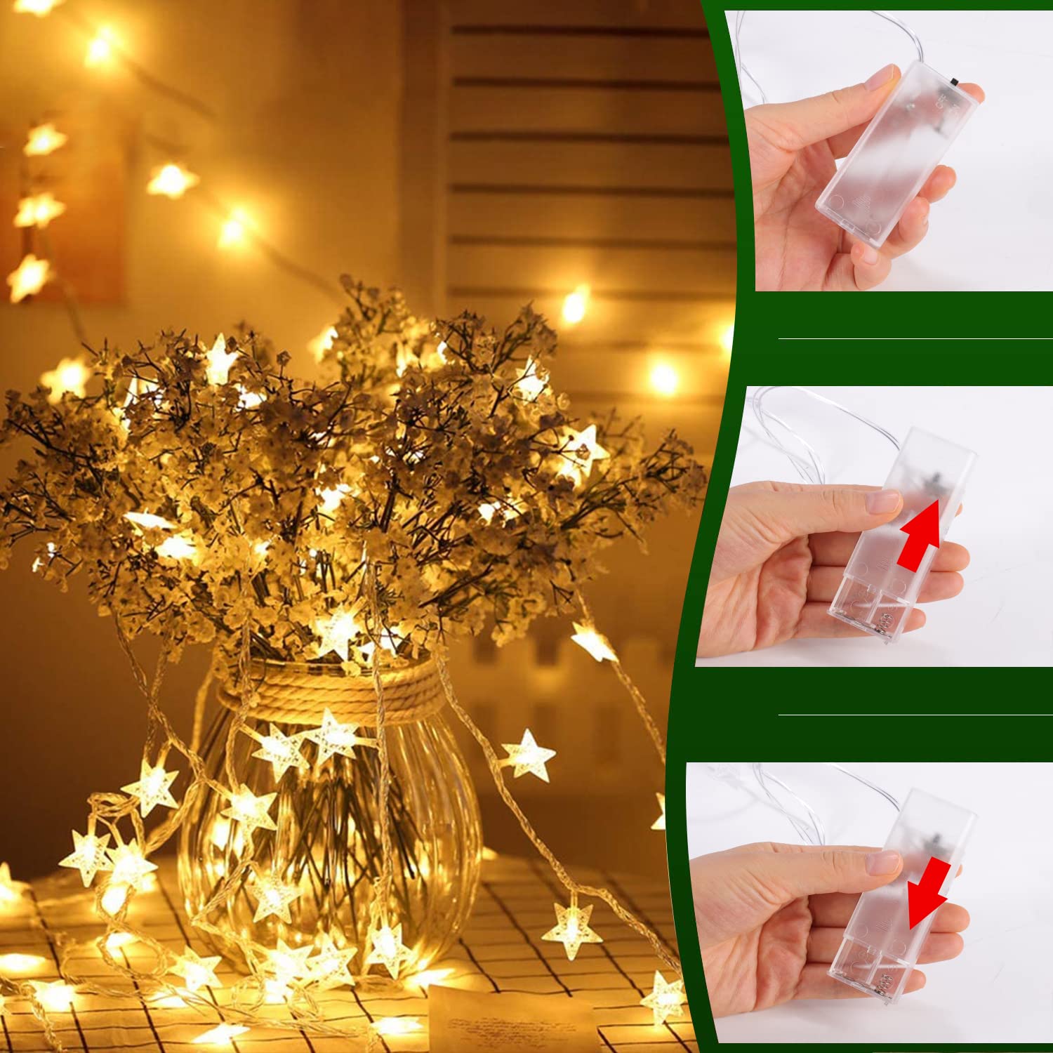 Cadena de luces LED de estrellas, 20 luces LED de hadas de cadena de estrellas de 10 pies, luces de Navidad de hadas, funciona con pilas, luz cálida para interior, exterior, fiesta de bodas,