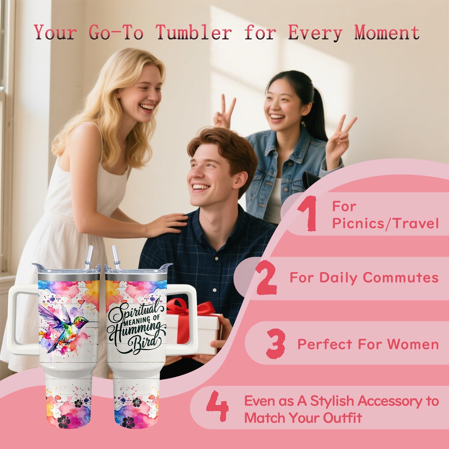 40oz Hummingbird Tumbler with Handle and Straw, Bird Stainless Steel Insulated Cup with Lid and Straw, Travel Coffee Mug Water Bottle, Birthday Mothers Day Gifts for Women Men Animal Lovers - Image 2