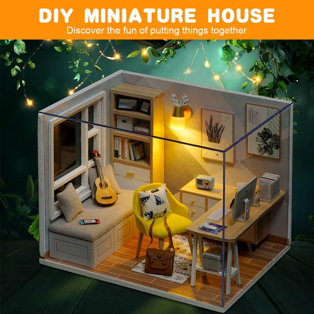 OSDUE Set Casetta Accogliente Starter Home,Casa delle Bambole in Legno Book Nook Kit Mini Costruire 3D Puzzle Decorazione Scaffale Creative Room con LED Regali per Familiari e Amici Adulti