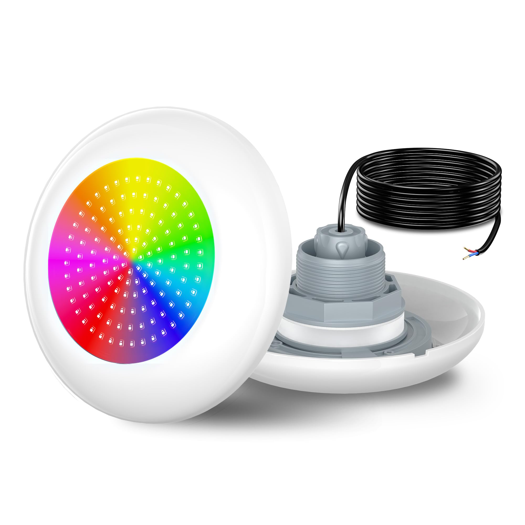 Foco LED Piscina con Rosca 2", 15W Lámpara Piscina RGB Multicolor, 600lm, Ø190mm, 12V AC Relleno de Resina Impermeable IP68 Luz Sumergible para Piscinas Elevada Acero, Sin Remoto