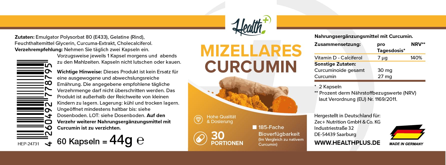 Zec+ Unflavoured Health+ Curcumin, 60 Stück