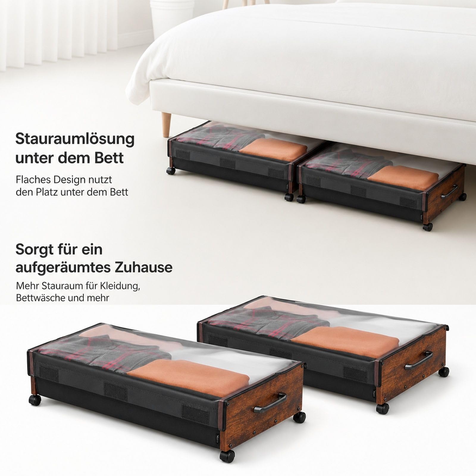 2 Unterbett-Aufbewahrungstaschen mit feststellbaren Rollen, mobile Organizer für Kleidung, Schuhe und Decken