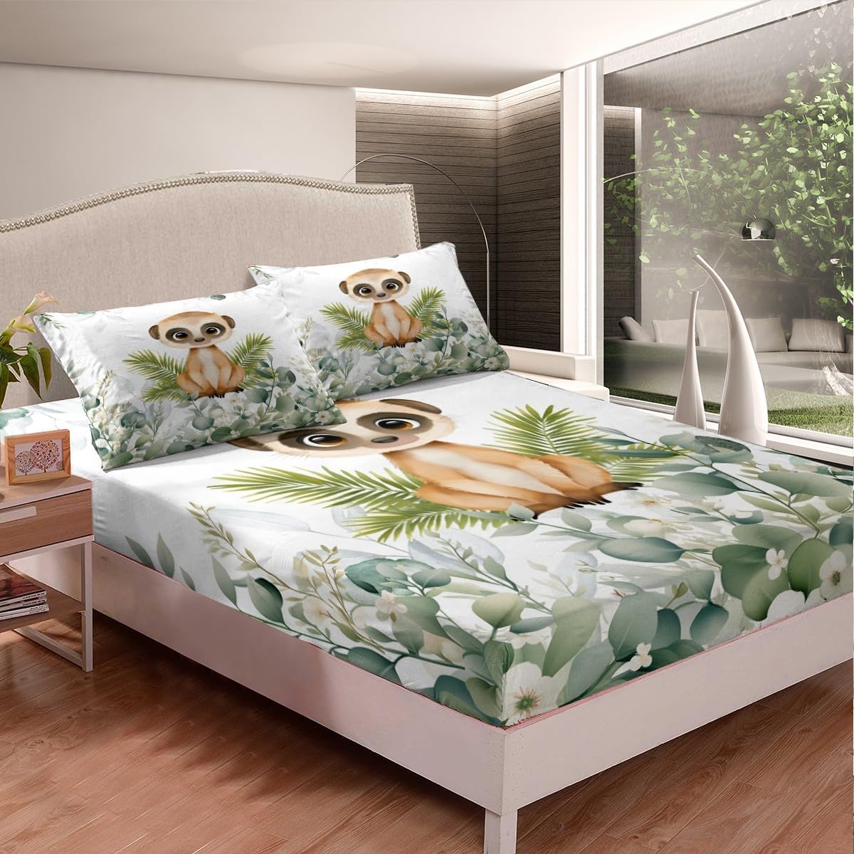 Erosebridal Cute Meerkats Twin Size Sheet Sets for Kids Child Green Eucalyptus Bed Sheets Set, Woodland Animal Bedding Botanical Plant Leaves Sheets, Cartoon Wildlife Fitted Sheet