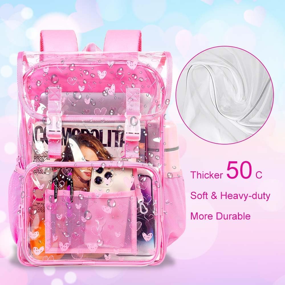 17" Heart Print Clear Backpack for Girls - 3Pcs Flip Design Stadium Approved Set, Campus/Travel Transparent Bookbag (Pink) - Image 3